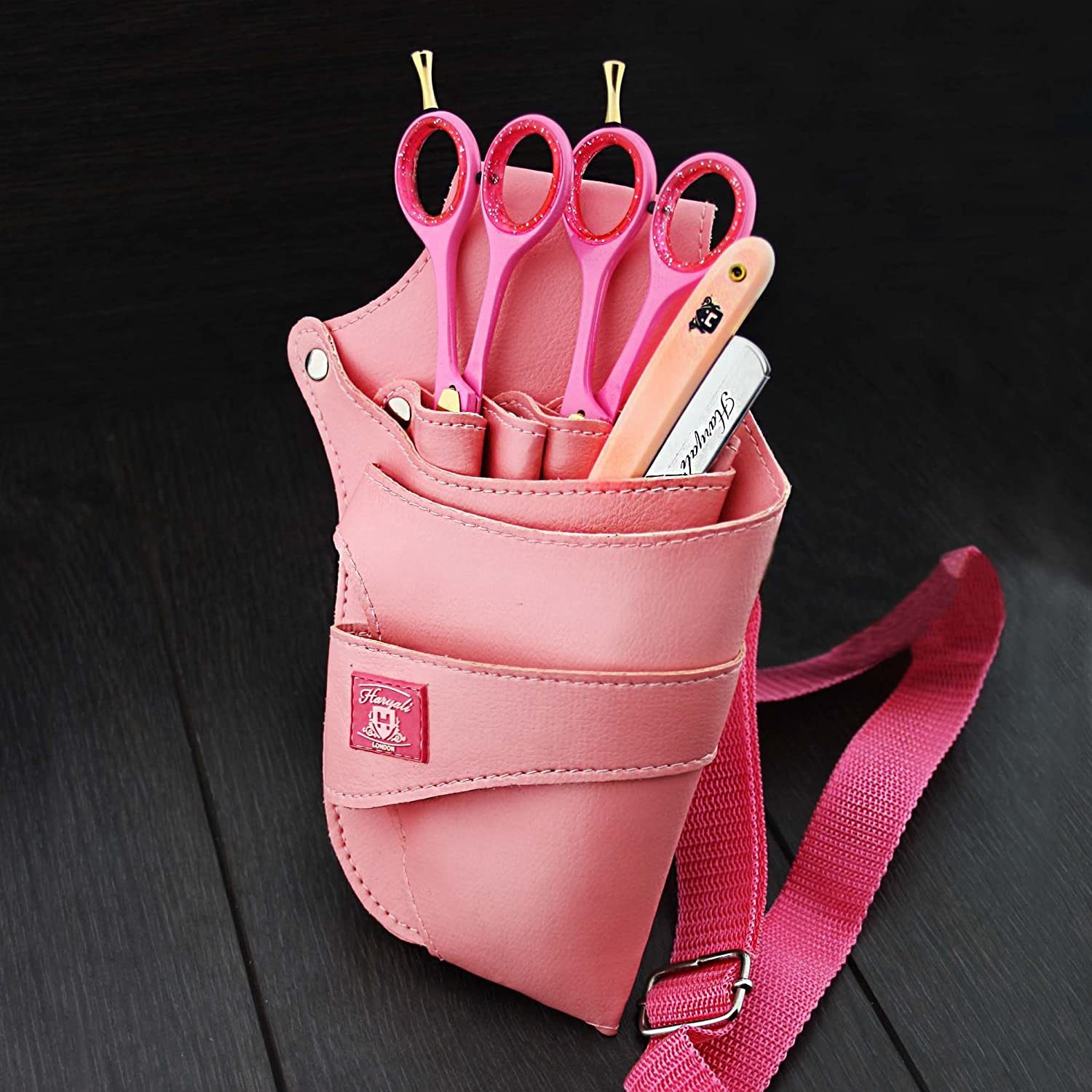 Haryali London Rasierer-Etui Scherenholster Tasche für Friseurscheren, rosa Leder Gürteltasche, In diese Tasche passen mehrere Scheren.