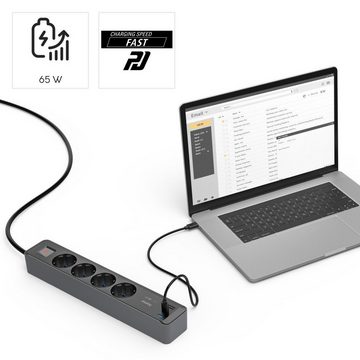 Hama 7in1 Steckdosenleiste mit USB Netzteil 3fach, 65w Ladegerät, USB-C, PD Steckdosenleiste 4-fach (Ein- / Ausschalter, Schalterbeleuchtung, USB-Anschlüsse, Schutzkontaktkupplung, Kabellänge 1,4 m)