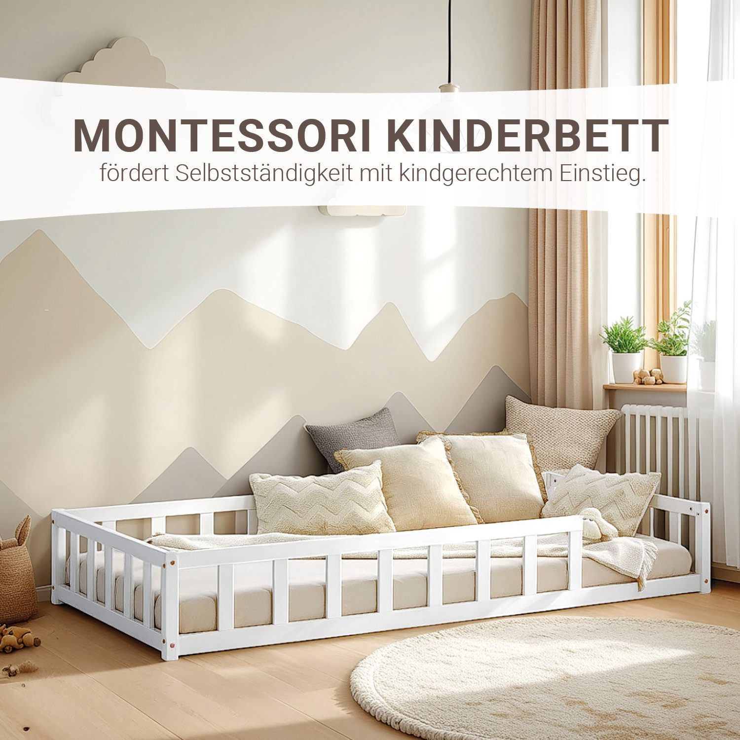 Homestyle4u Kinderbett 90x200 / 120x200 Weiß Natur Holzbett Bodenbett Montessori Kleinkind (Set, mit Lattenrost und Matratze), mit Rausfallschutz