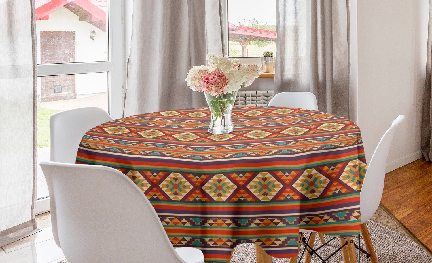 Abakuhaus Tischdecke Esszimmer Tribal Tischdecke Abdeckung für Küche Dekoration, Aztec Bunt Kreis