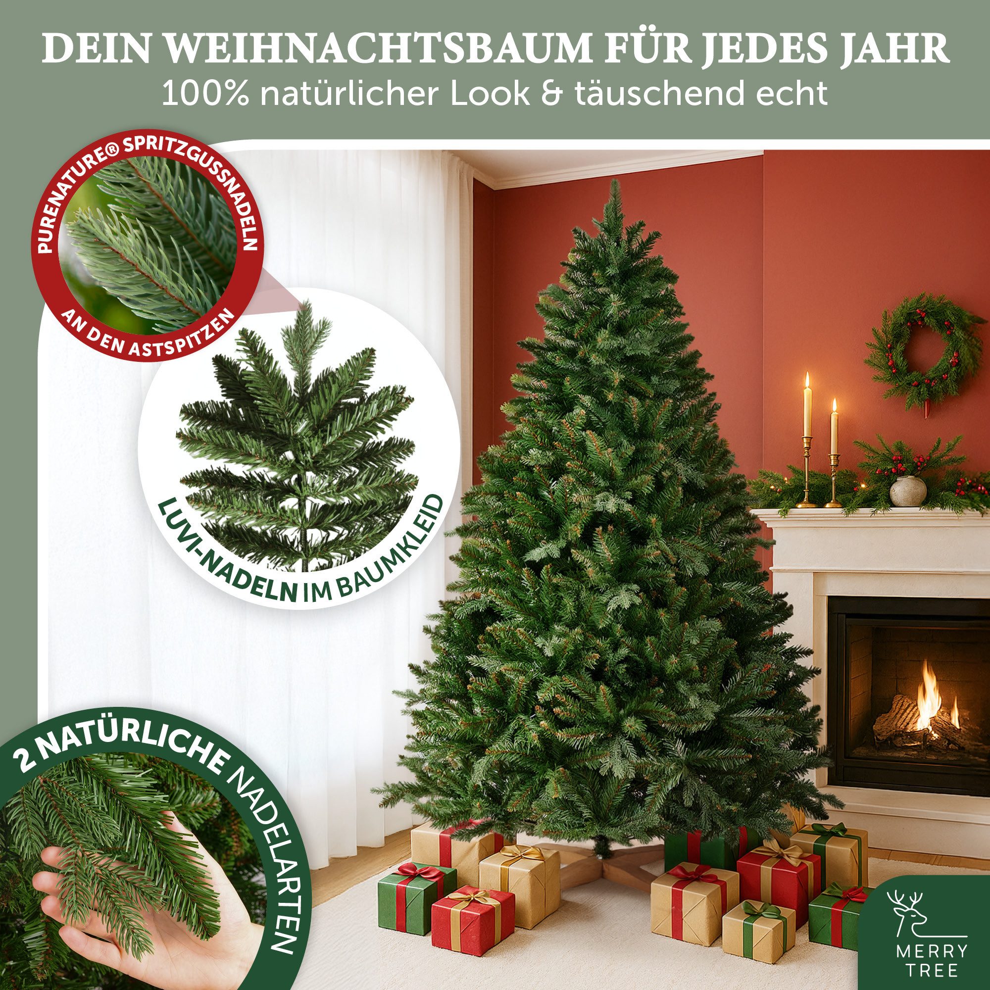 MERRY TREE Künstlicher Weihnachtsbaum Premium künstlicher Weihnachtsbaum aus naturgetreuem PVC + PE, Nordmanntanne, Spritzguss Mix mit Holzfuß