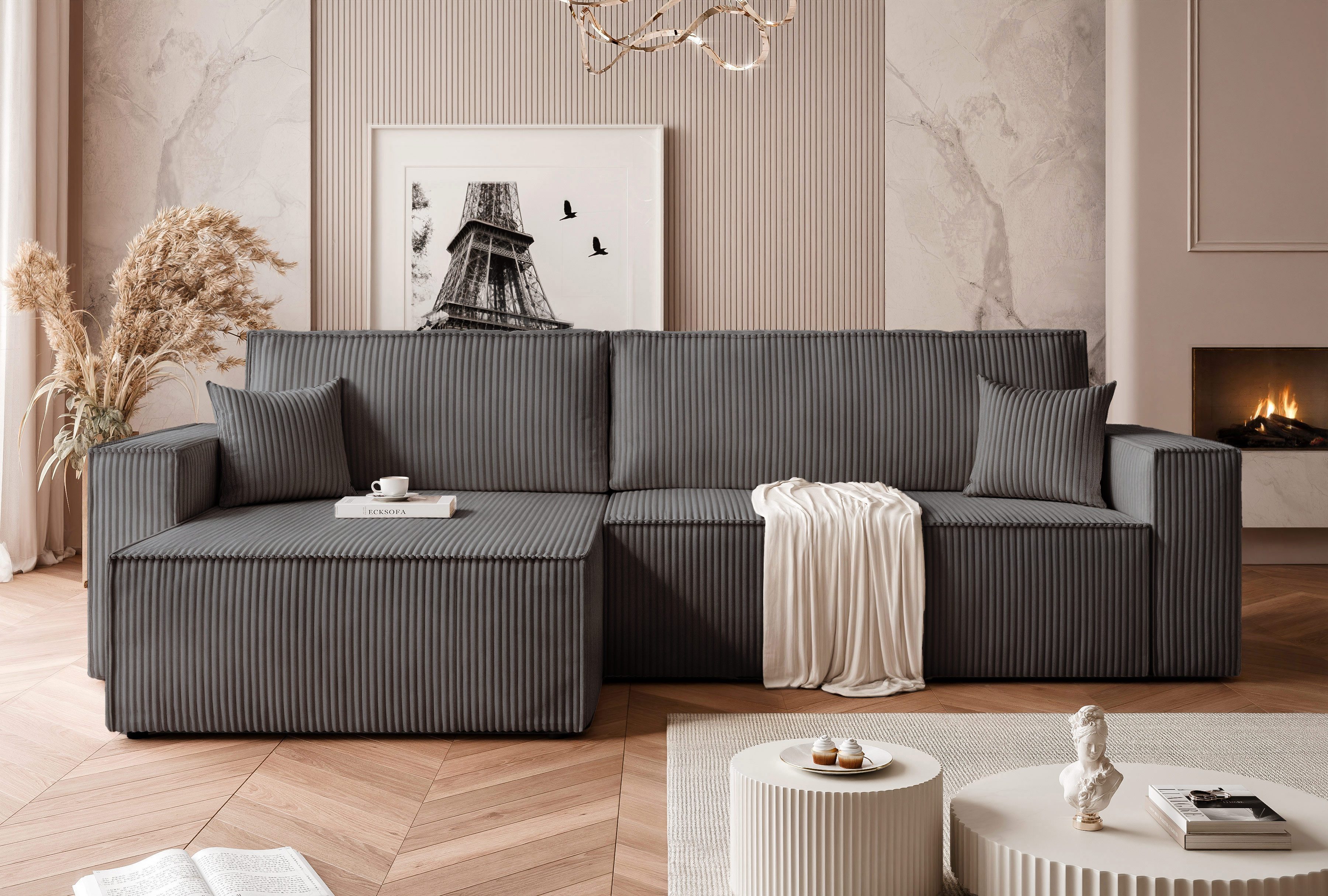 yourhouse24 Ecksofa PARIS XL - Trend-Cord, Schlaffunktion & abnehmbare Bezüge, mit Schlaffunktion und Bettkasten, Seite universal
