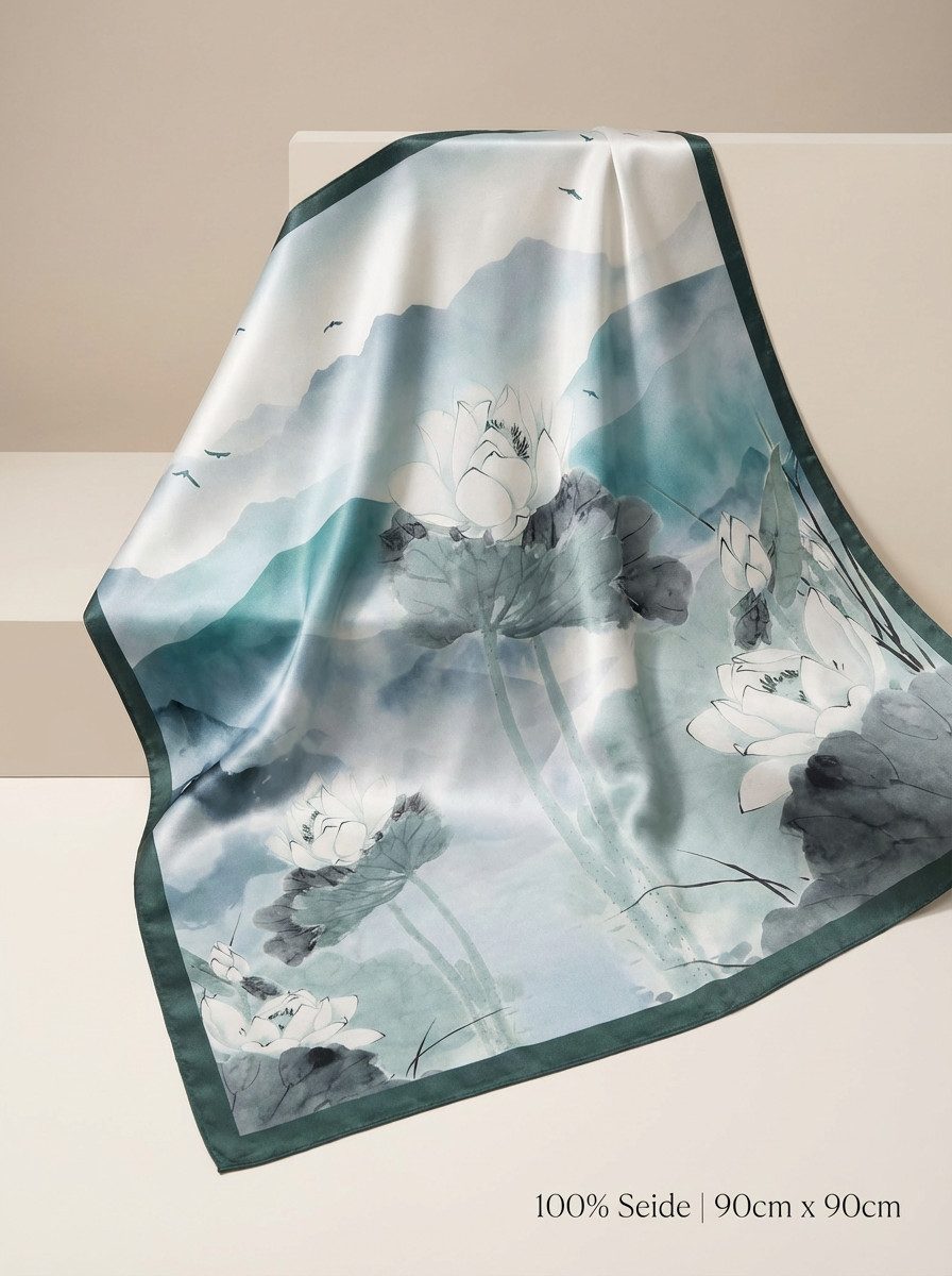 Kleelein Seidentuch Seidentuch 90x90 cm Maulbeerseide, chinesisches Lotus-Motiv, (1-teilig), 100% Maulbeerseide, Fernöstlich, Luxuriöses Material