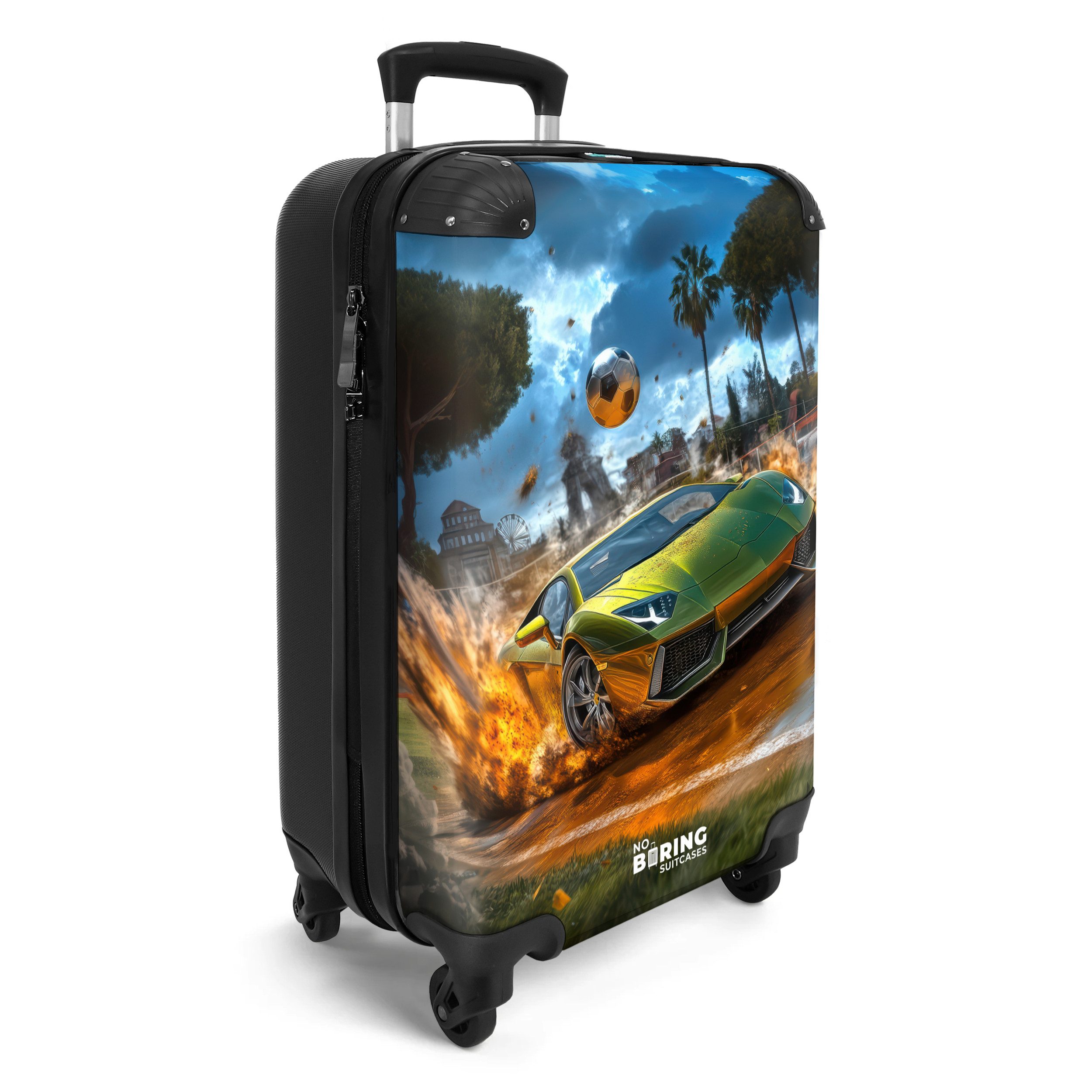 NoBoringSuitcases.com© Kinderkoffer Sportwagen kracht mit Ball durch Fußballfeld 55x35x20cm, 4 Rollen, Handgepäck Koffer, Hartschalenkoffer Kinder, Reisekoffer Jungen