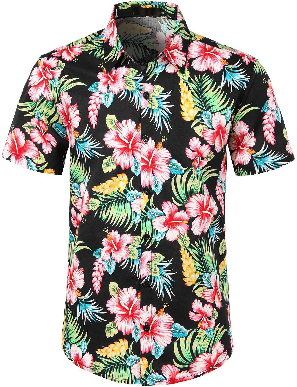 Moorle Kurzarmhemd Herren Blumen Kurzarm Knopfleiste Baumwolle Hawaii Hemd