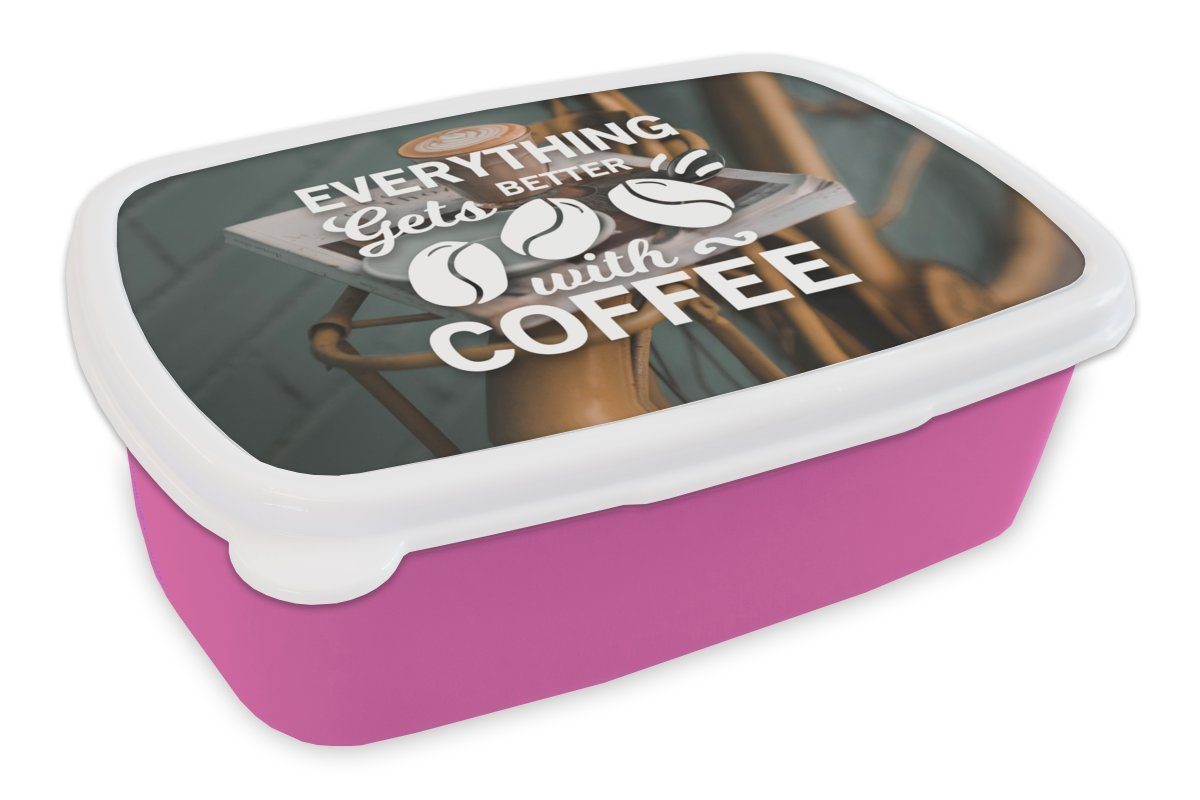 MuchoWow Lunchbox Zitate - Sprichwörter - Mit Kaffee wird alles besser - Kaffee, Kunststoff, (2-tlg), Brotbox für Erwachsene, Brotdose Kinder, Snackbox, Mädchen, Kunststoff rosa