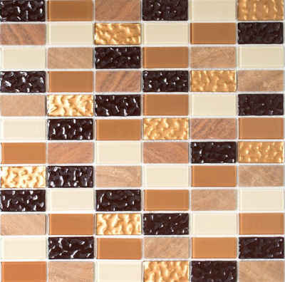 Mosani Mosaikfliesen selbst­kle­bende Naturstein Glas Fliesen 30x30 cm Fliesenaufkleber, Beige Braun Gold, Spritzwasserbereich geeignet, Küchenrückwand Spritzschutz