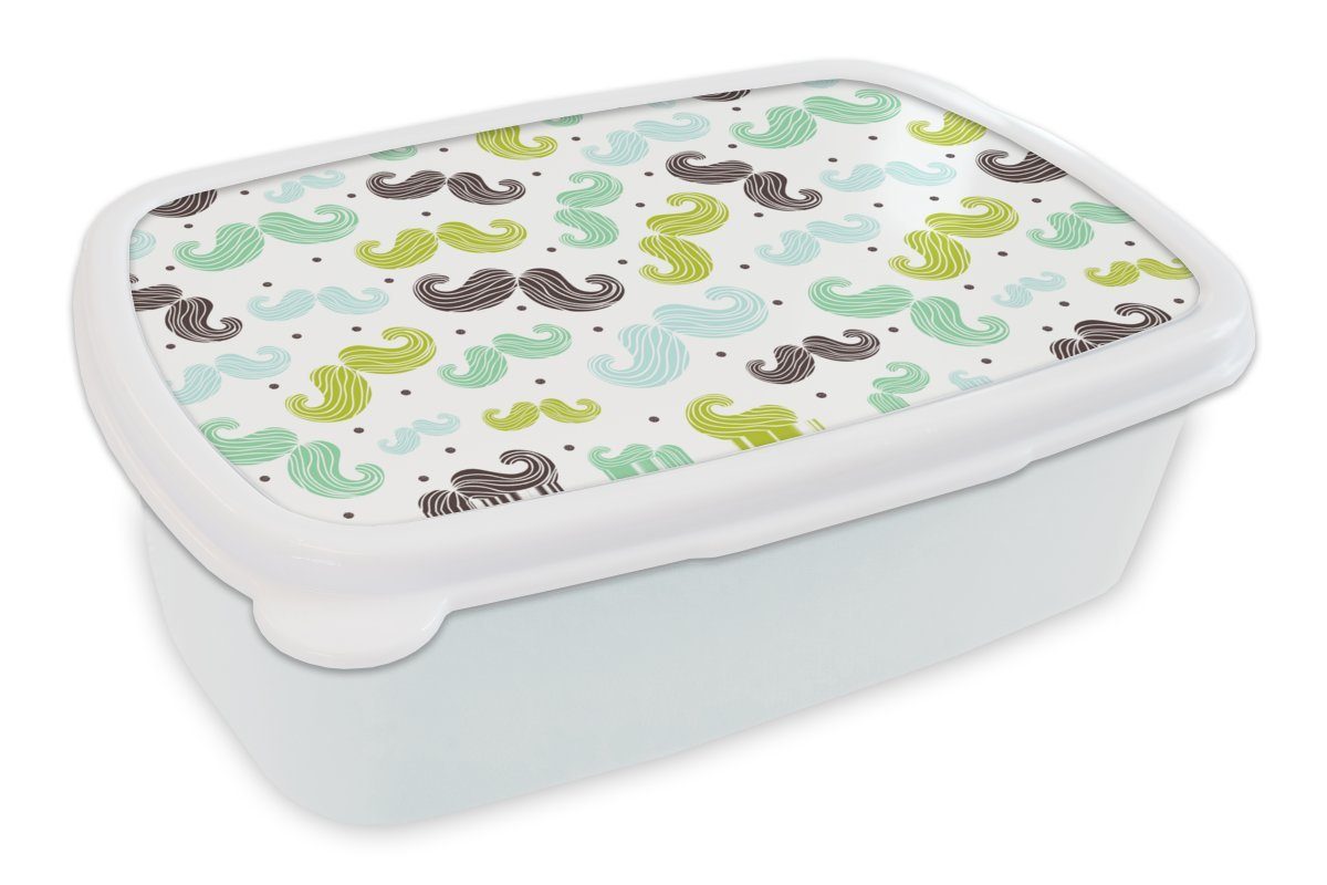 MuchoWow Lunchbox Muster - Schnurrbart - Farben - Jungen - Kinder - Kleiner Junge, Kunststoff, (2-tlg), Brotbox für Kinder und Erwachsene, Brotdose, für Jungs und Mädchen weiß