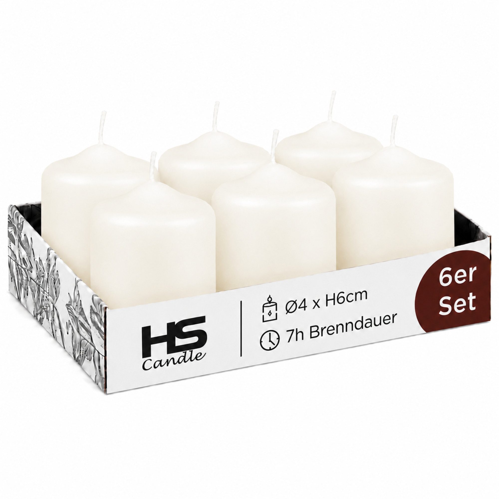 HS Candle Stumpenkerze kompakt (6-tlg., Dekolicht), Ø4xH6 cm Teelichtgröße, bis zu 7h Brenndauer je Kerze, Wachsmischung
