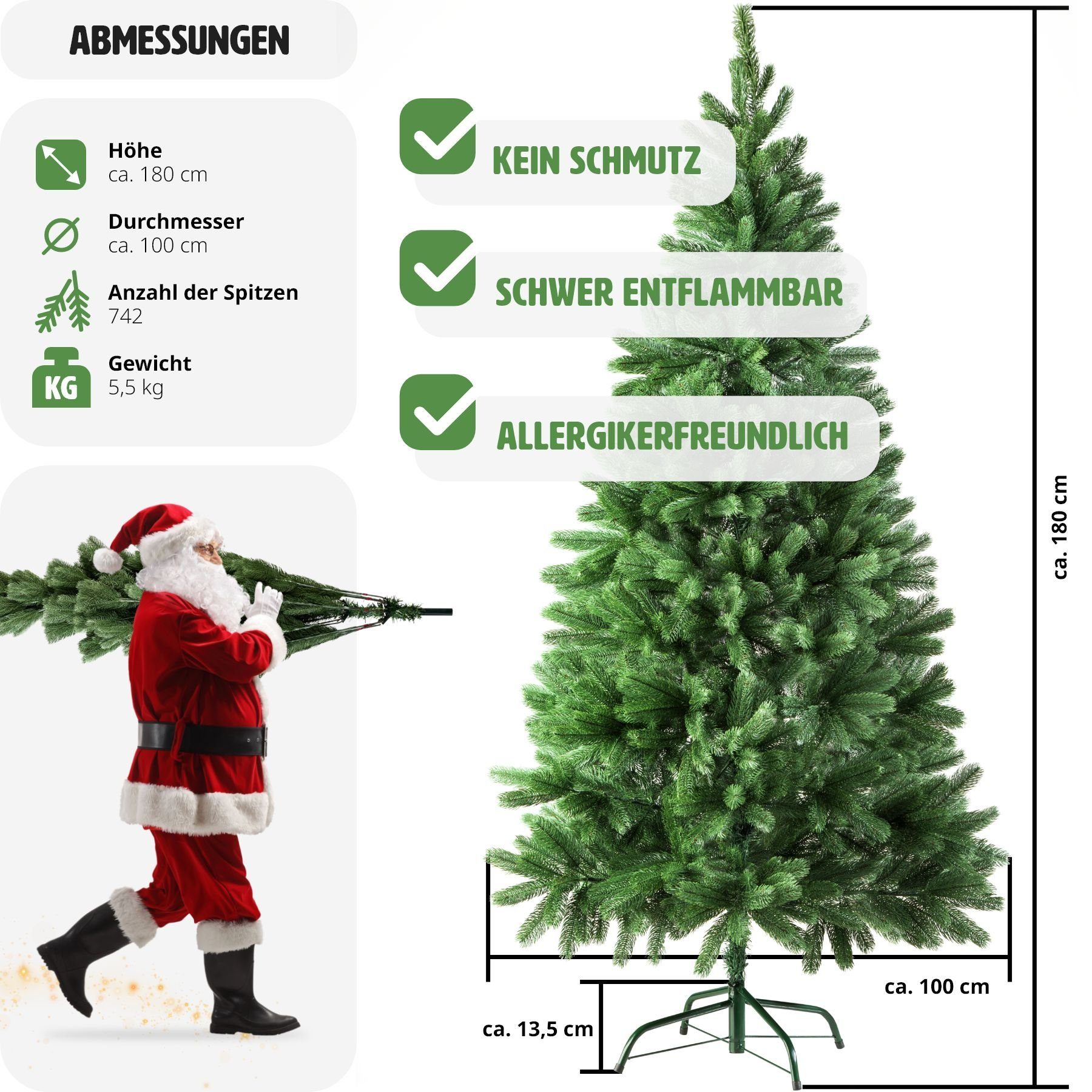 tectake Künstlicher Weihnachtsbaum Weihnachtsbaum Baum 742 Spitzen mit grün, Metallständer, künstlich Undekorierter/Unbeleuchteter