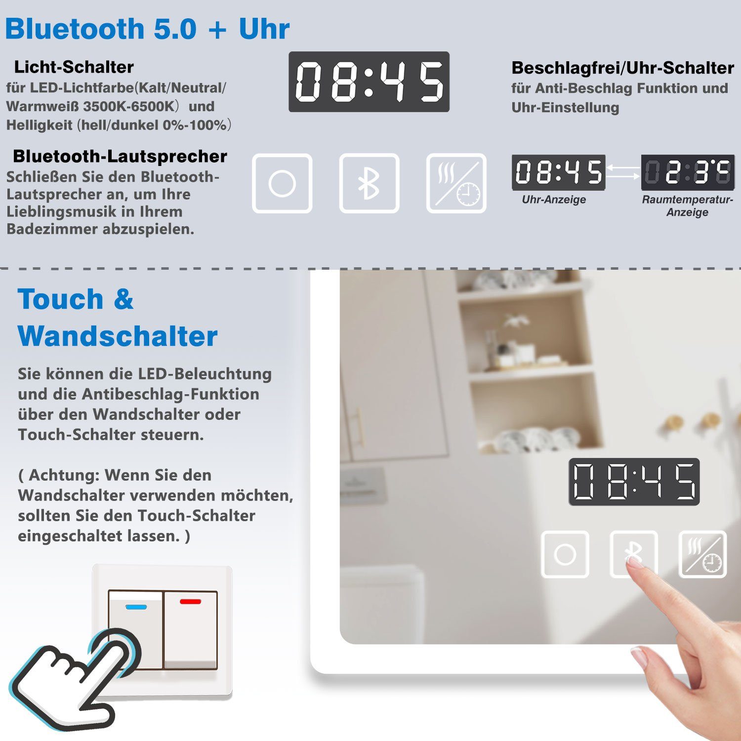 duschspa Badspiegel Badezimmerspigel Kalt/Neutral/Warmweiß Dimmbar Beschlagfrei, Bluetooth