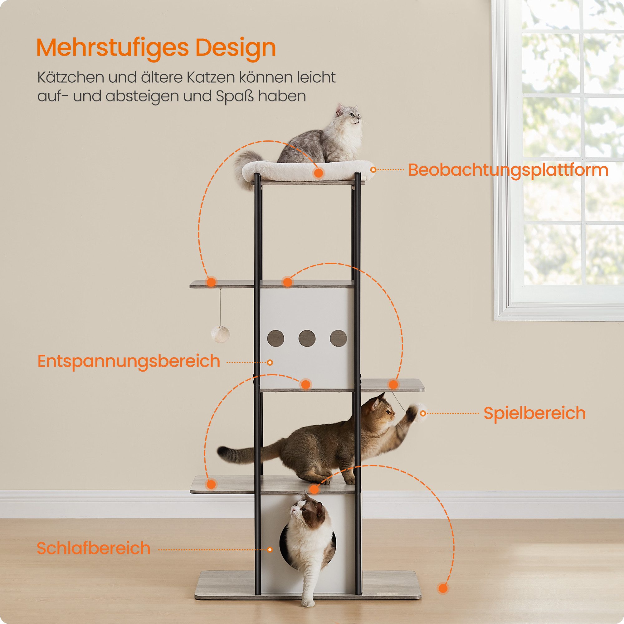 FEANDREA Kratzbaum, große Plattform Katzenturm mit Kratzmatte modern