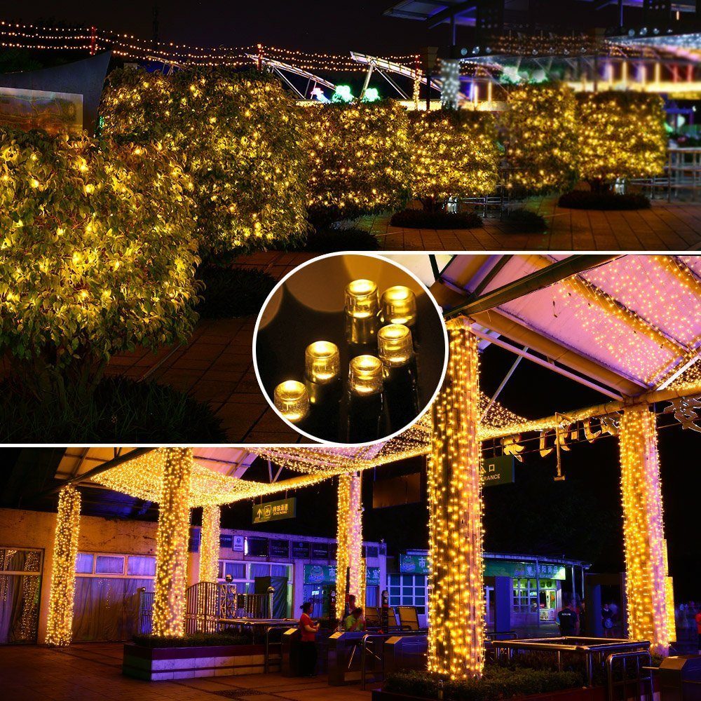 Sunicol LED-Lichterkette 10M-20M Solar Warmweiß/ Warmes Hochzeit, Innen, Weiß Weihnachten für 8 Wasserdichte, Party, Außen, Modi Weiß/Mehrfarbig Beleuchtung, Lichterkette