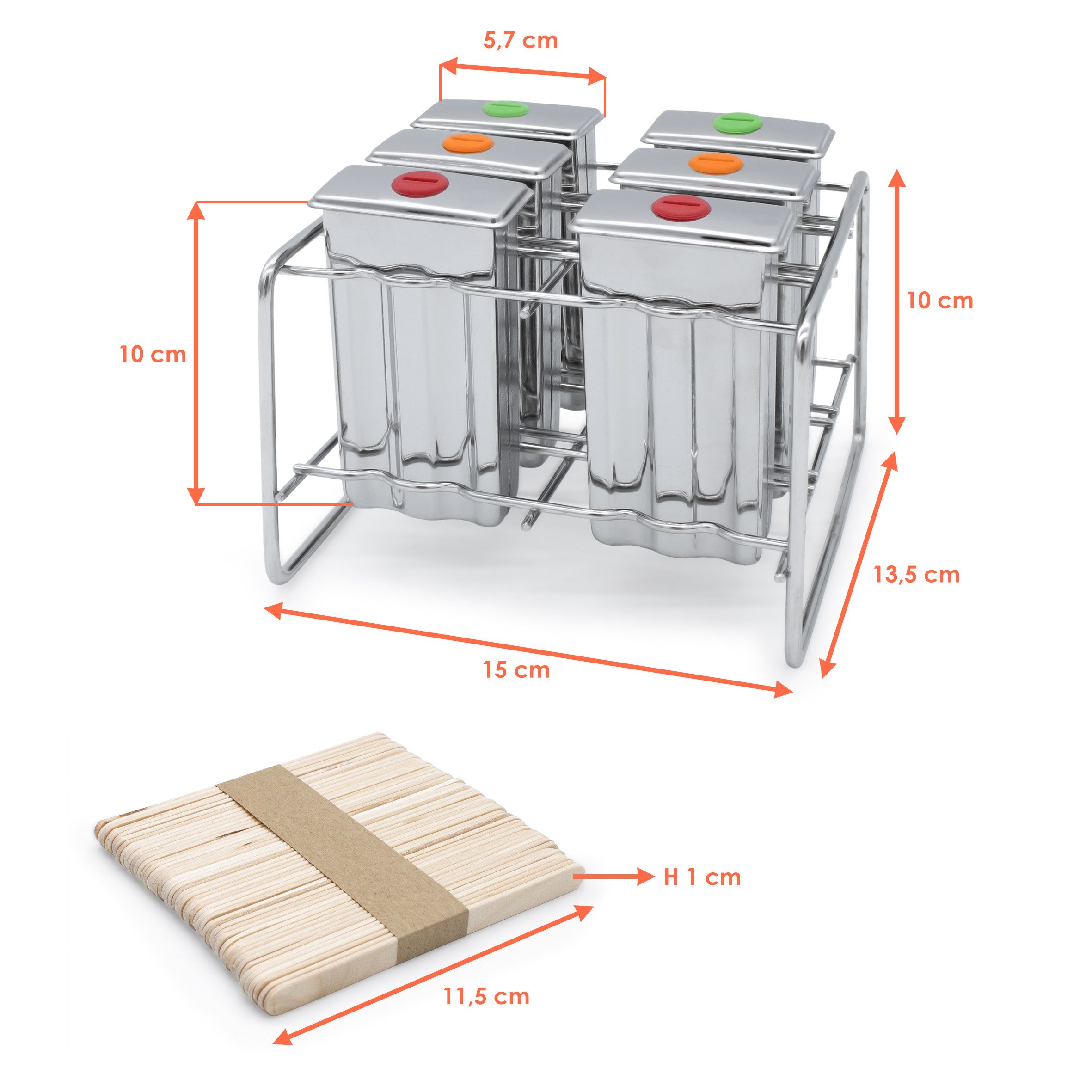 Spetebo Eisform Eisformen aus Edelstahl inklusive 50 Holz Eisstiele - 6er Set, (Set 6-tlg), Popsicle Form mit Metall Ständer für Eis am Stiel