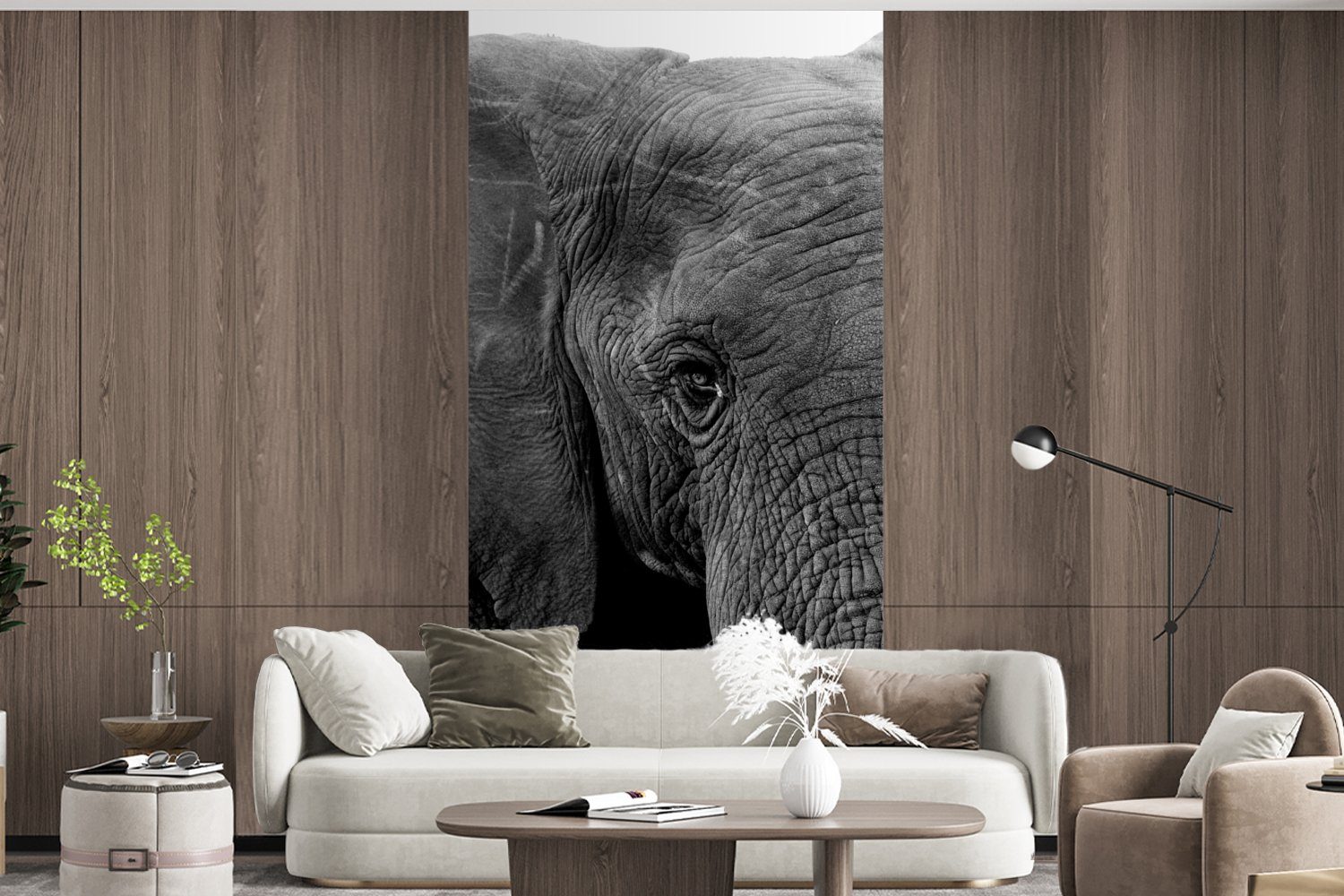 Natur, - MuchoWow - Küche, - Vliestapete (2 - bedruckt, Wohnzimmer Fototapete Schlafzimmer Tiere St), Elefant Fototapete Weiß für Matt, Schwarz