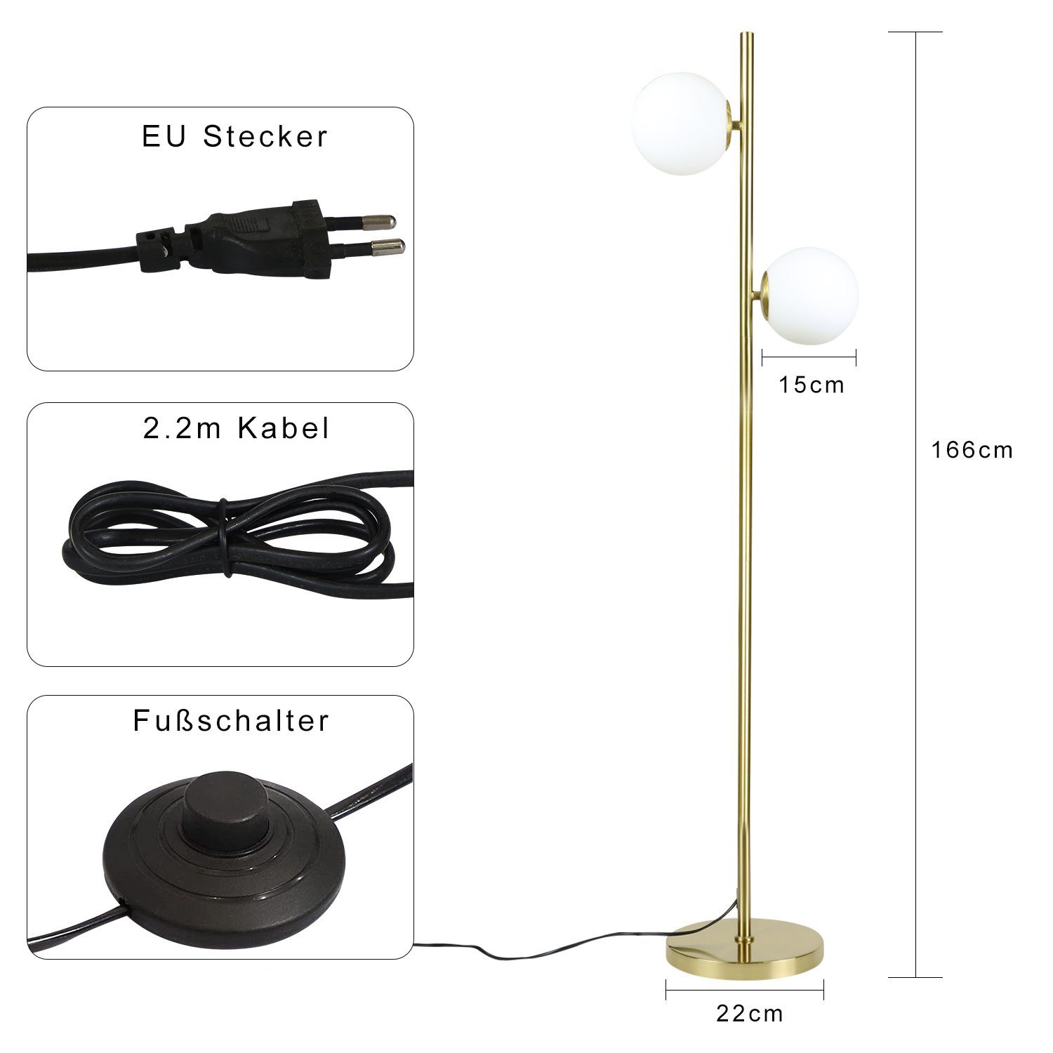 ZMH LED Stehlampe Gold 2-Flammmig Wohnzimmerlampe E27 Fassung Retro Schlafzimmer Flur, Einfache Installation, ohne Leuchtmittel, Warmweiß, 166cm Whonzimmerlampe