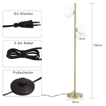 ZMH LED Stehlampe Gold Design 2-flammmig mit E27 LED Leuchtmittel Schlafzimmer, LED wechselbar, Warmweiß, MIt Leuchtmittel, 166cm Whonzimmerlampe