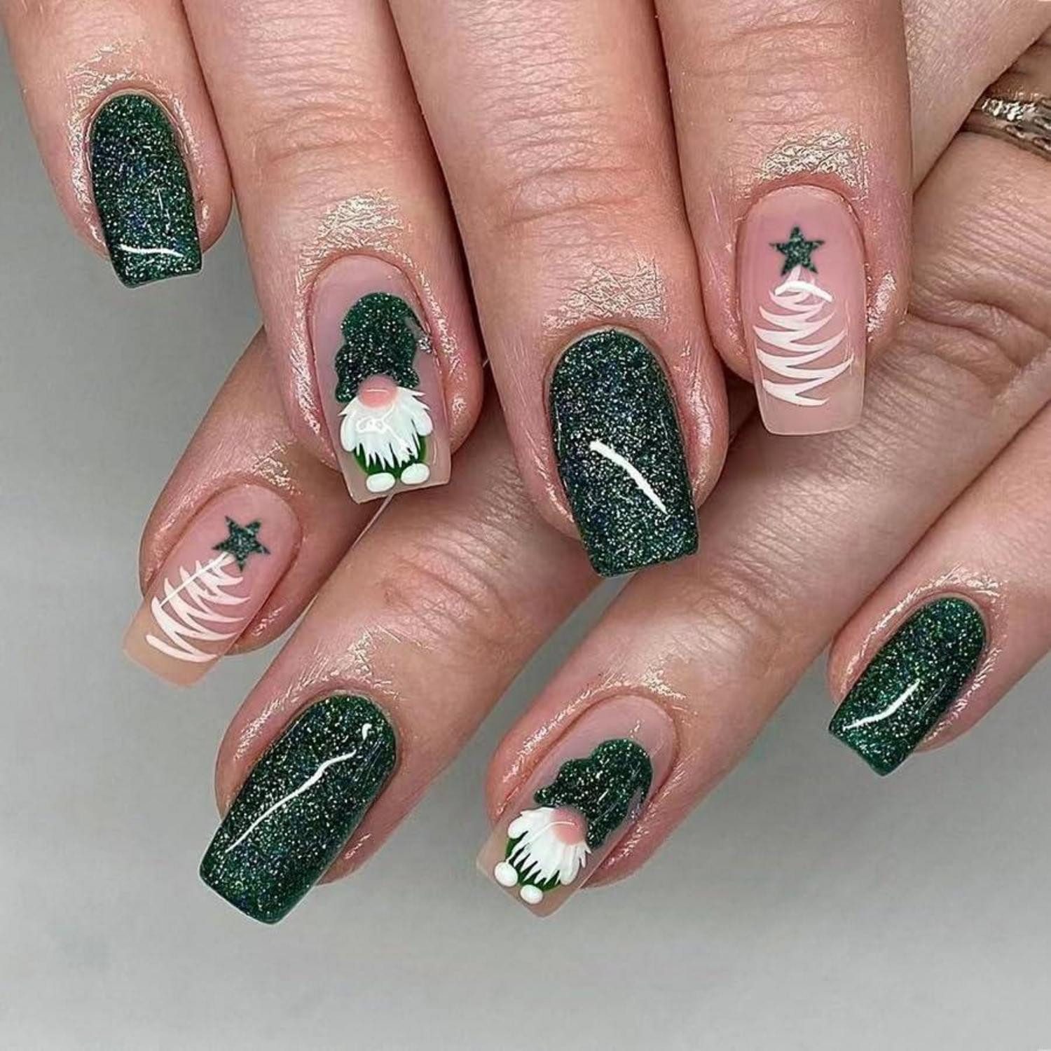 LuxusKollektion Kunstfingernägel Kunstnägel 24er dunkelgrün Glitzer Weihnachtsnägel zum Aufkleben