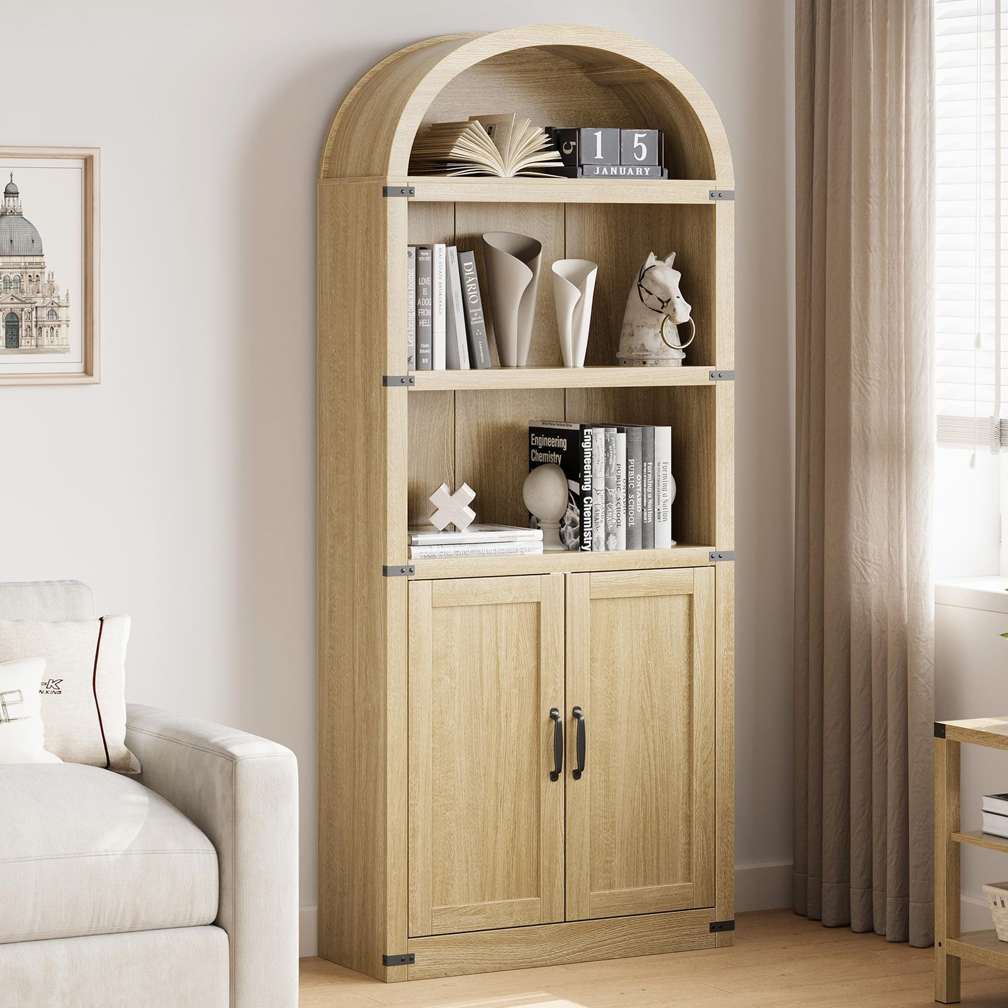 GarveeMore Bücherregal 182cm Bogenförmiges aus Holz Ablageregal Stauraumregal Mehrzweckregal, Standregal Bücherturm Bibliothek Regalelement Ablageelement mit Türen