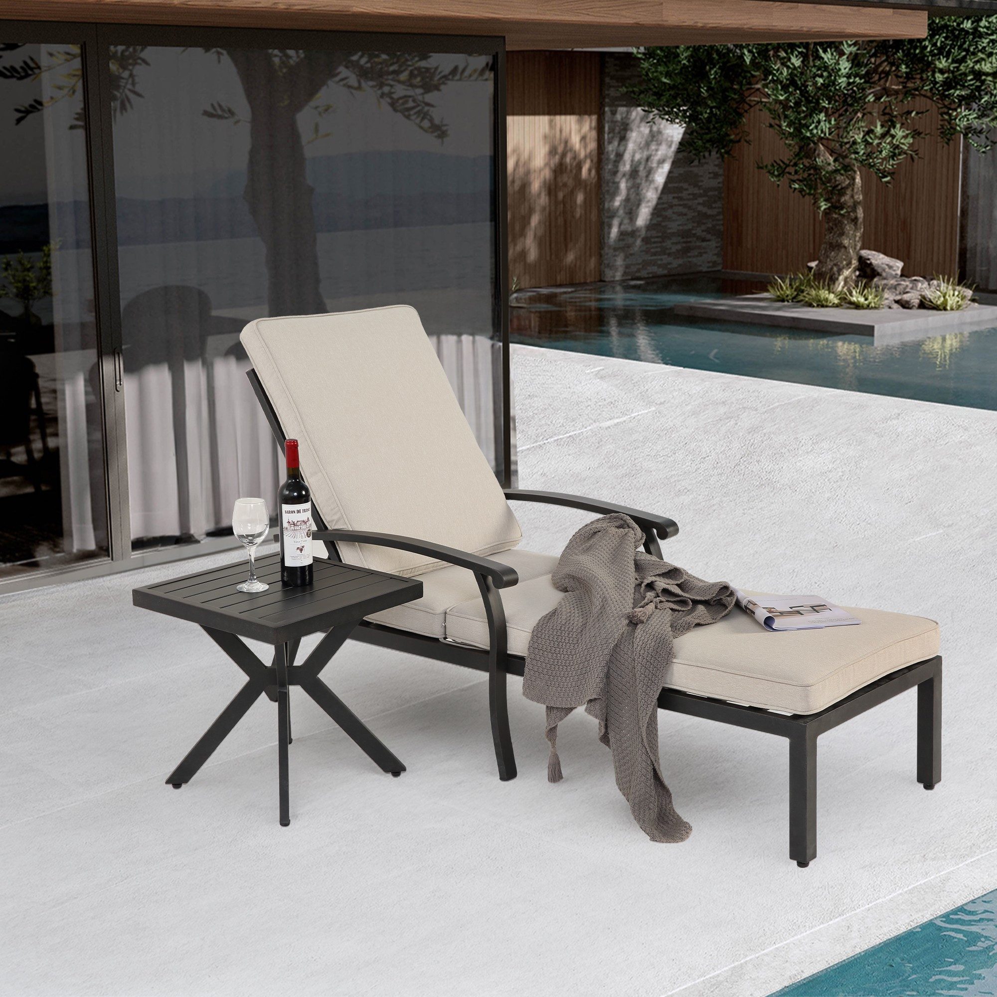 LVHOM Gartenliege Sonnenliege mit 5-Fach höhenverstellbarer Rückenlehne, bis 120kg, 1xLiege, Baumwollkissen, ergonomische Armlehnen, rostfreies Aluminiumgestell, witterungsbeständig, rutschfestes Design kann mit einem kleinen Beistelltisch kombiniert werden, geeignet zum Entspannen, Lesen oder Sonnenbaden, für Garten, Poolbereich, Terrasse