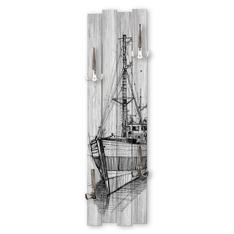 Kreative Feder Wandgarderobe Wand-Garderobe „Schiff“ aus Holz, Shabby-Chic; ca. 100 x 30 cm; mit 4 Haken; außergewöhnlich, modern