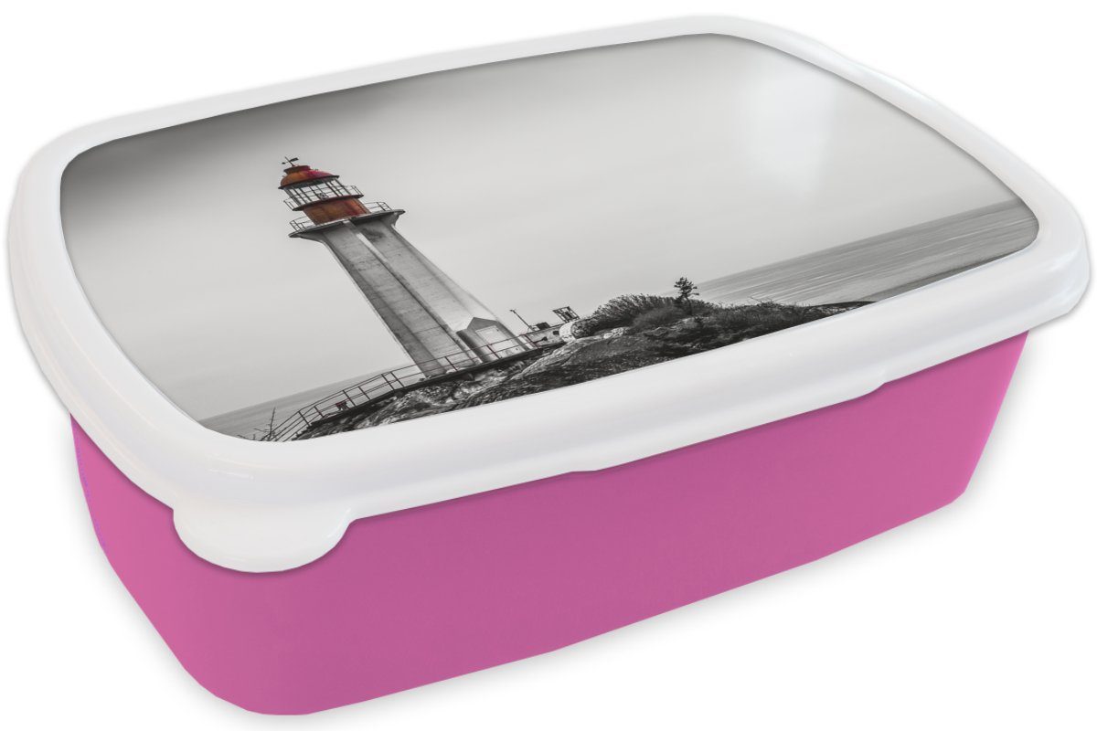 Erwachsene, Leuchtturms Lunchbox Kunststoff MuchoWow Mädchen, für im Brotdose von Westen Kinder, (2-tlg), rosa eines Vancouver, Kunststoff, Schwarz-Weiß-Foto Brotbox Snackbox,