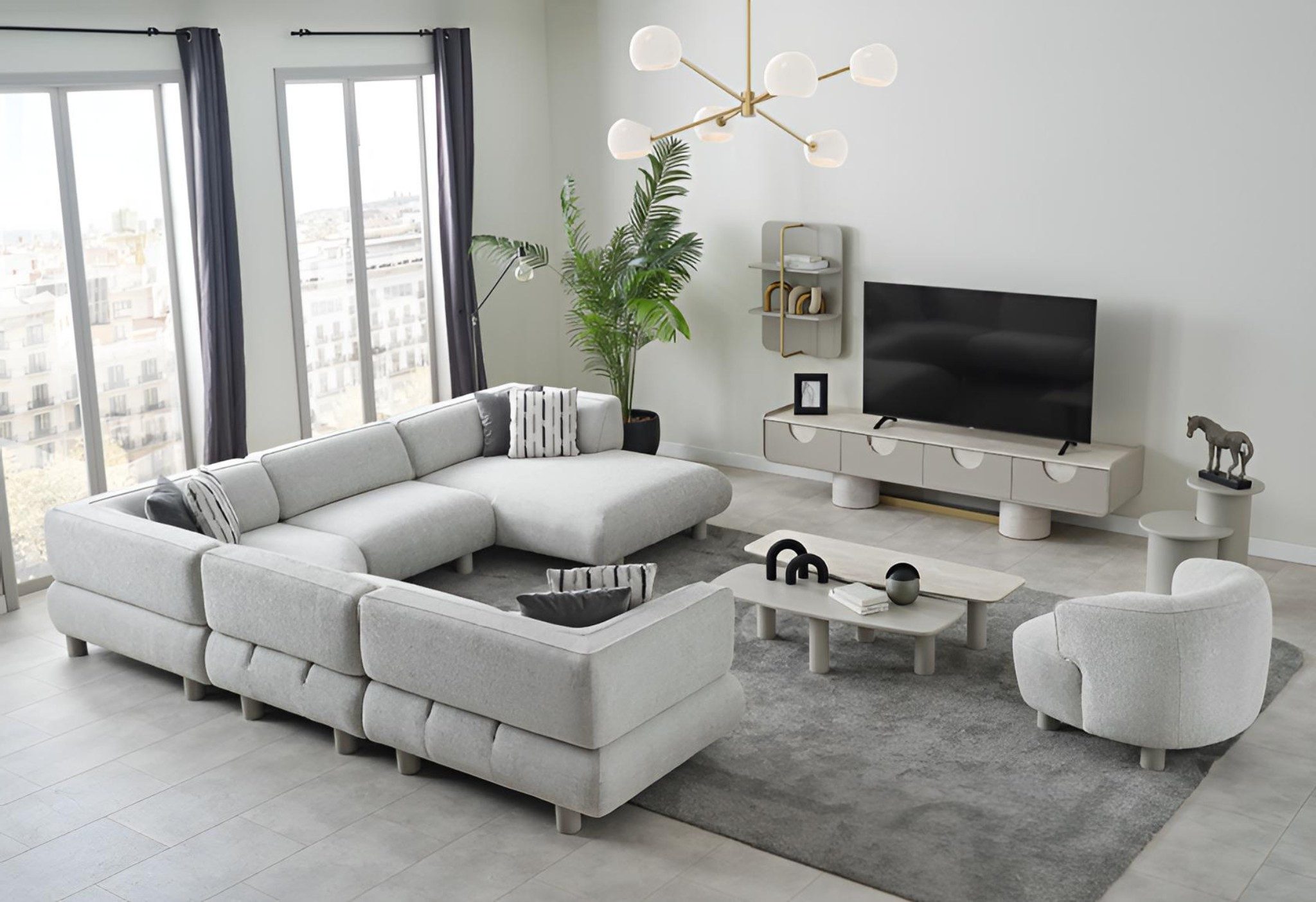 Xlmoebel Wohnzimmer-Set Designer Wohnzimmer Set mit grauem Ecksofa und Polstersessel, (5-St), Made in Europa
