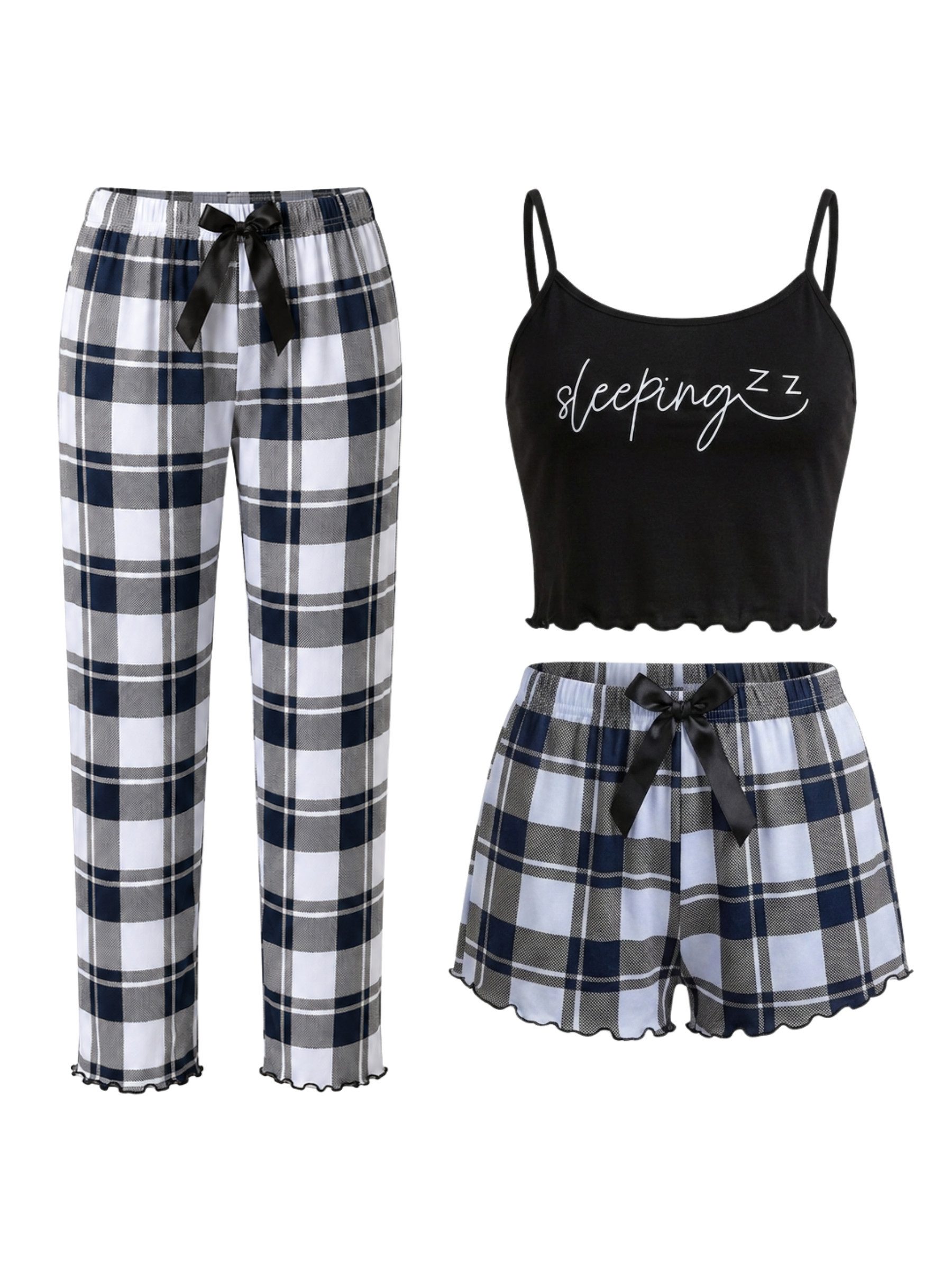 Elegant Love Schlafanzug Damen-Nachtwäsche – Pyjama-Set mit Printtop und karierten Hosen (3-teiliges Set, 3 tlg., Trägertop, kurze Schlafhose und lange Relaxhos – Bild 2 von 5