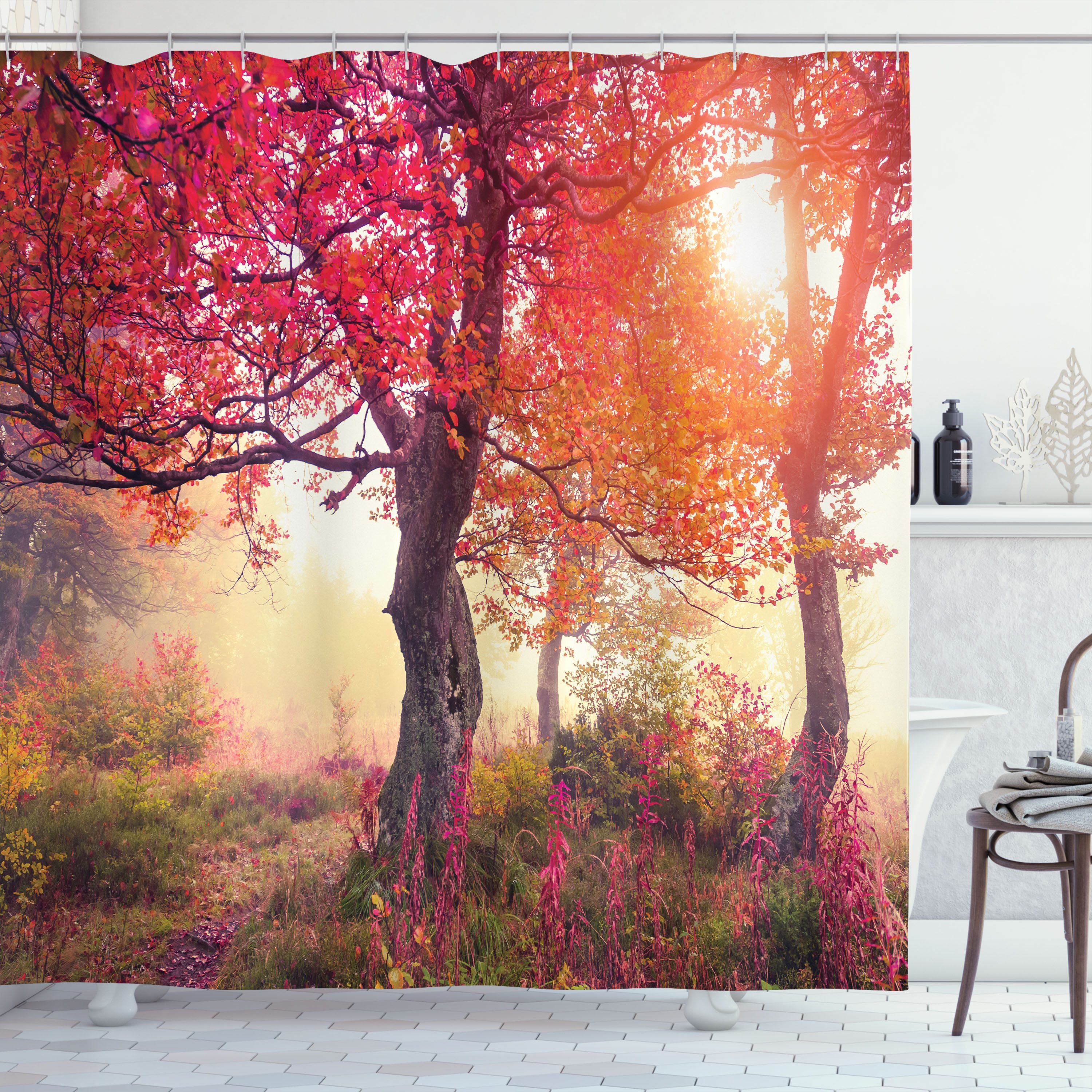 Abakuhaus Duschvorhang Moderner Digitaldruck mit 12 Haken auf Stoff Wasser Resistent Breite 175 cm, Höhe 180 cm, Natur Blumen im Park Herbst