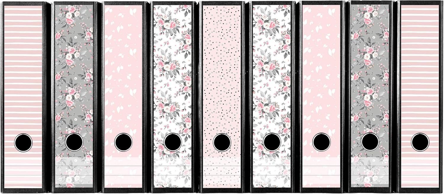 codiarts.® Aktenordner Ordnerrücken Sticker für 9 breite Ordner - floraler Mix rosa/grau, zum Beschriften
