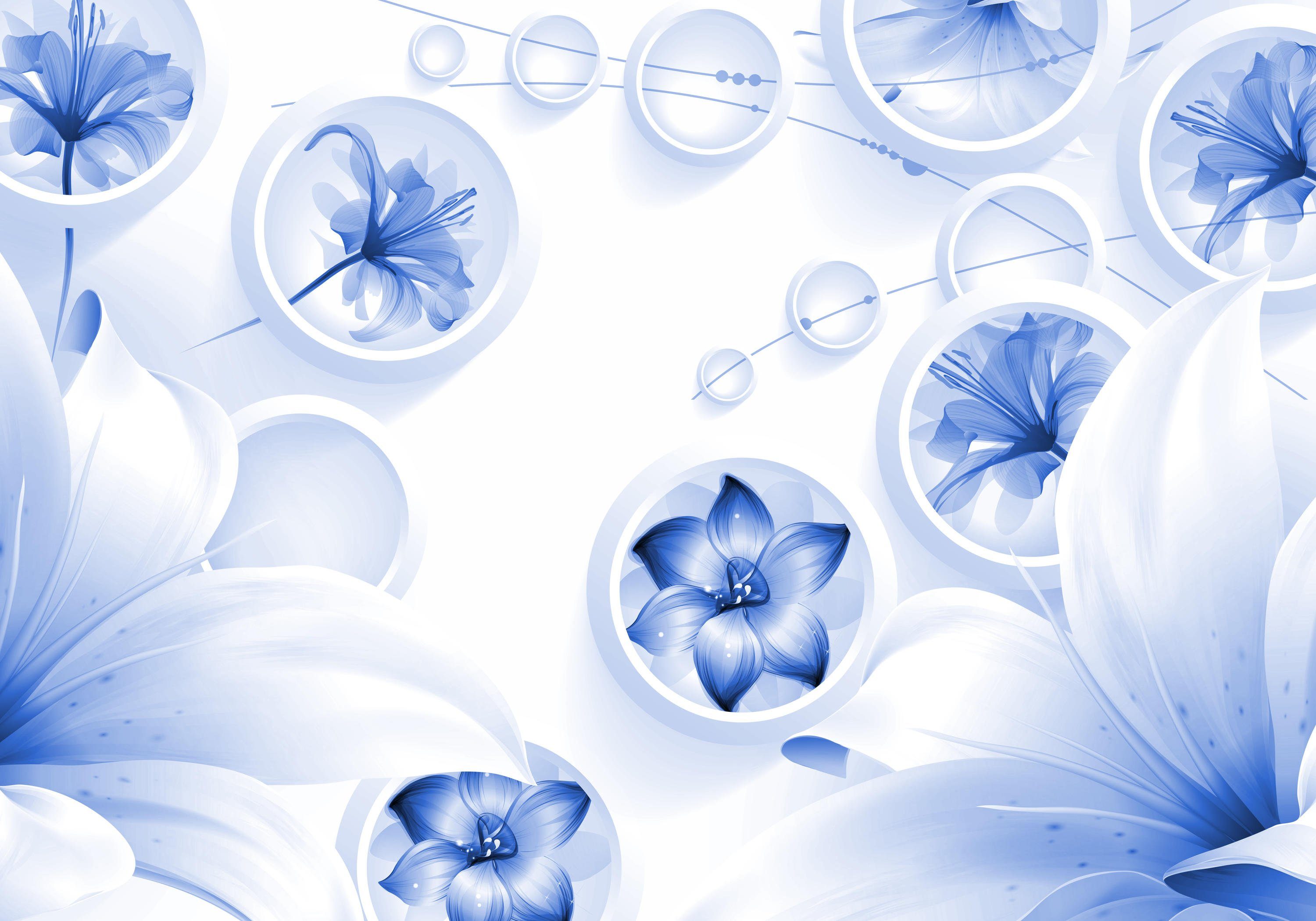 wandmotiv24 Fototapete blau 3D Kreise Abstrakt Ornamente Blumen, glatt, Wandtapete, Motivtapete, matt, Vliestapete