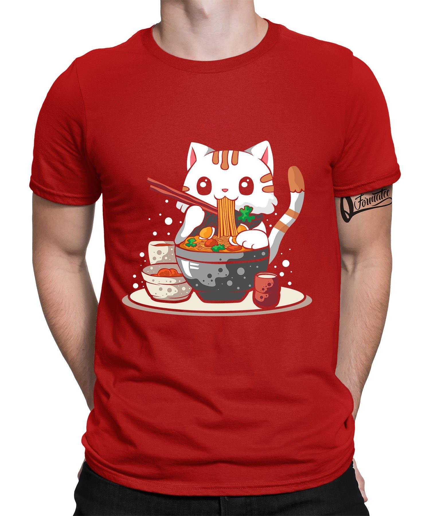 Quattro Formatee Kurzarmshirt Japanische Anime Katze Ramen Nudeln Japan Herren T-Shirt (1-tlg) Rot | T-Shirts