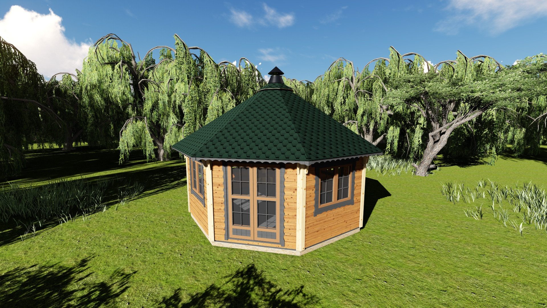 Finn Art Blockhaus Grillkota Grillpavillon 8-eckig Victoria 17 max. 18 Personen, BxT: 450x450 cm, Schindeln grün, mit Grillanlage