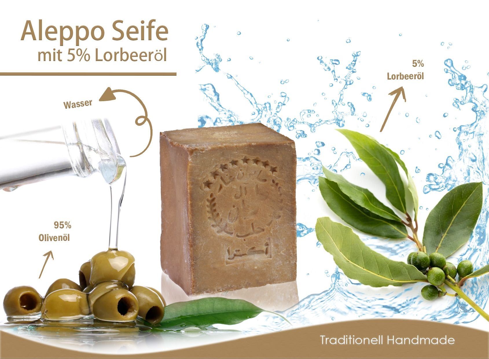 Tumelo Feste Duschseife Original Aleppo 95% Lorbeeröl, Seife Naturseife 5% Olivenöl 200g, 95-tlg