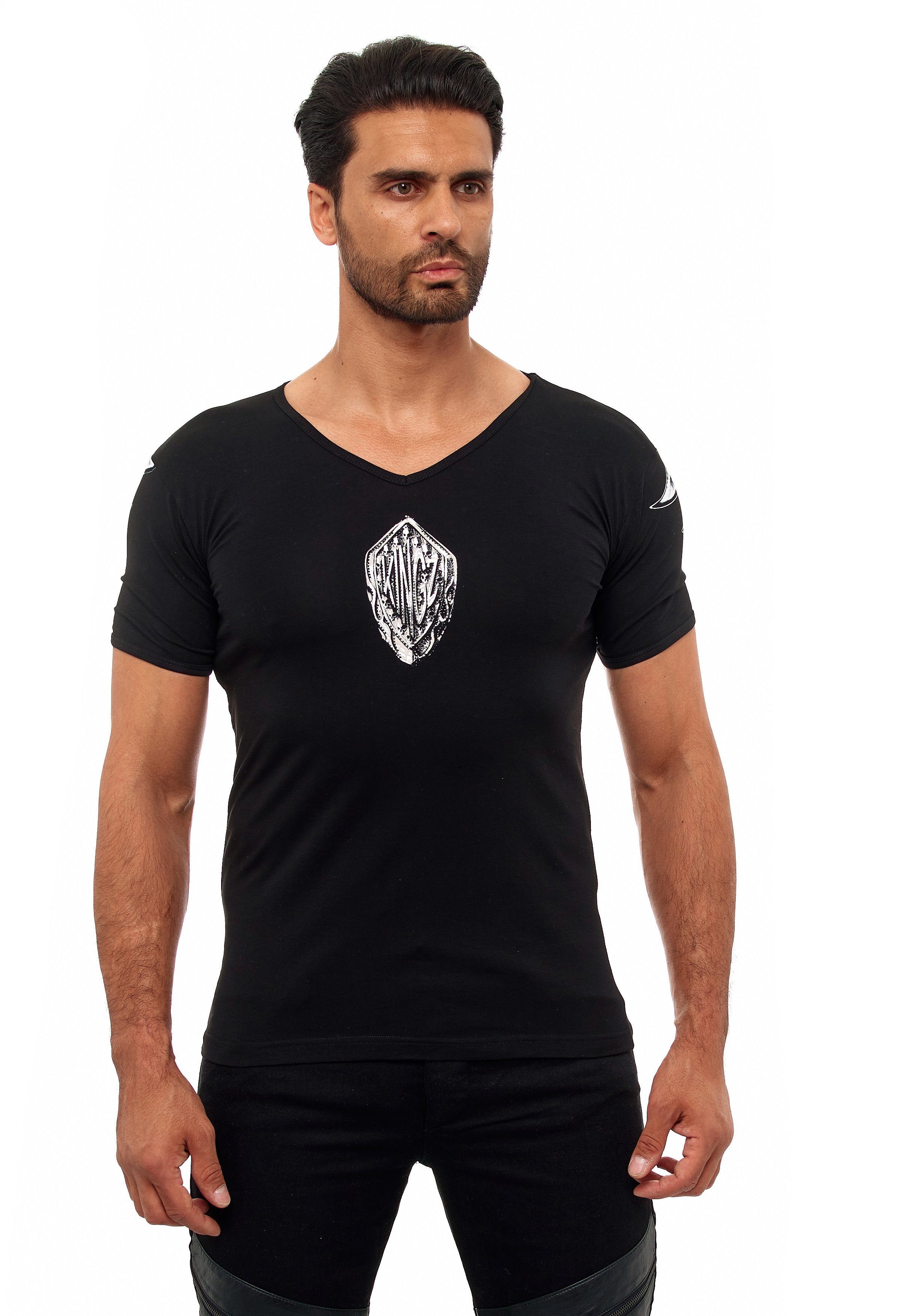 KINGZ T-Shirt mit ausgefallenem Adler-Print schwarz-silberfarben