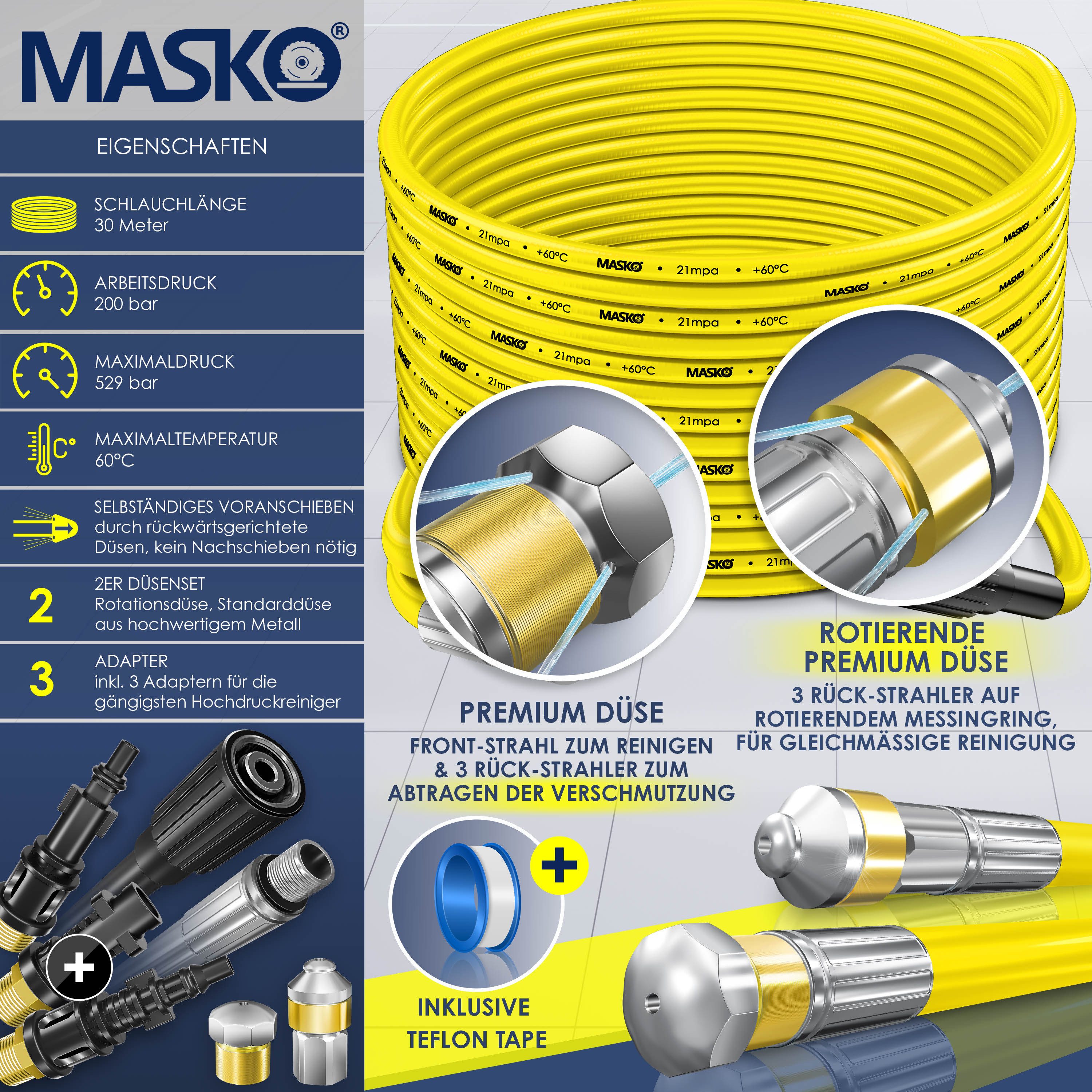 MASKO Hochdruckschlauch, Premium Rohrreinigungsschlauch Set Abflussreiniger 200 bar