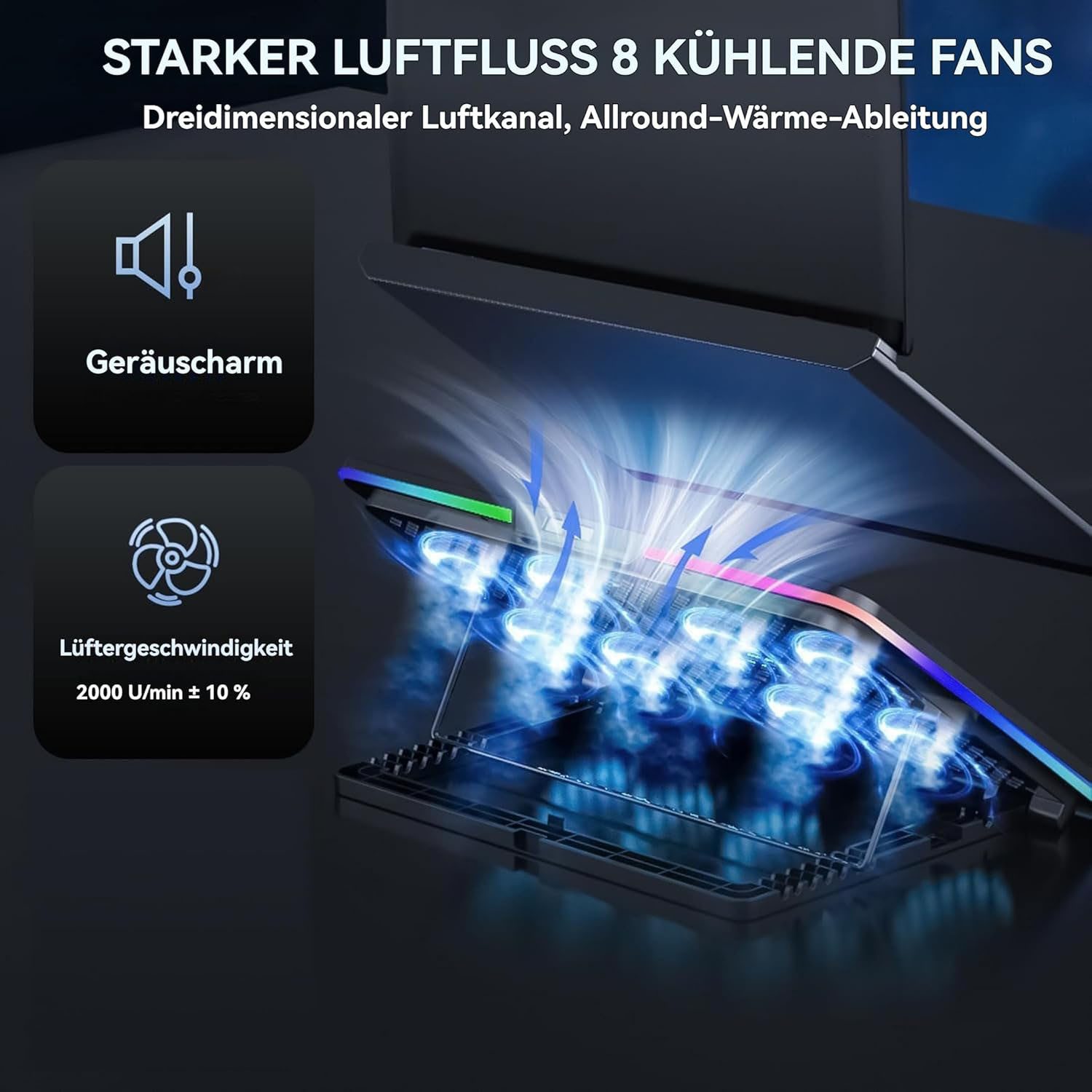 AIMAX Notebook-Kühler Laptop Kühler 7 Höhenverstellbar & Handyständer Cooler, 2 USB Ports & Einstellbarer Geschwindigkeit Kühlständer – Bild 5 von 5
