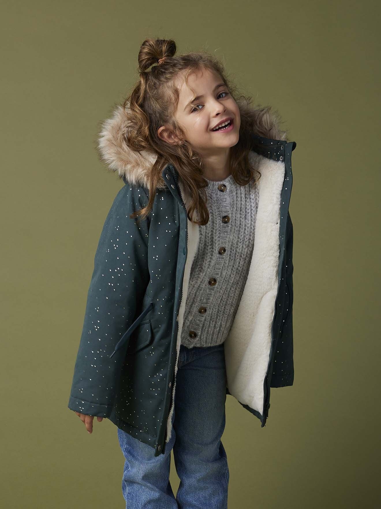 vertbaudet Parka Warme Mädchen Winterjacke mit Glitzer und Webpelz Recycling-Wattierung, Glitzer, beschreibbares Namensschild