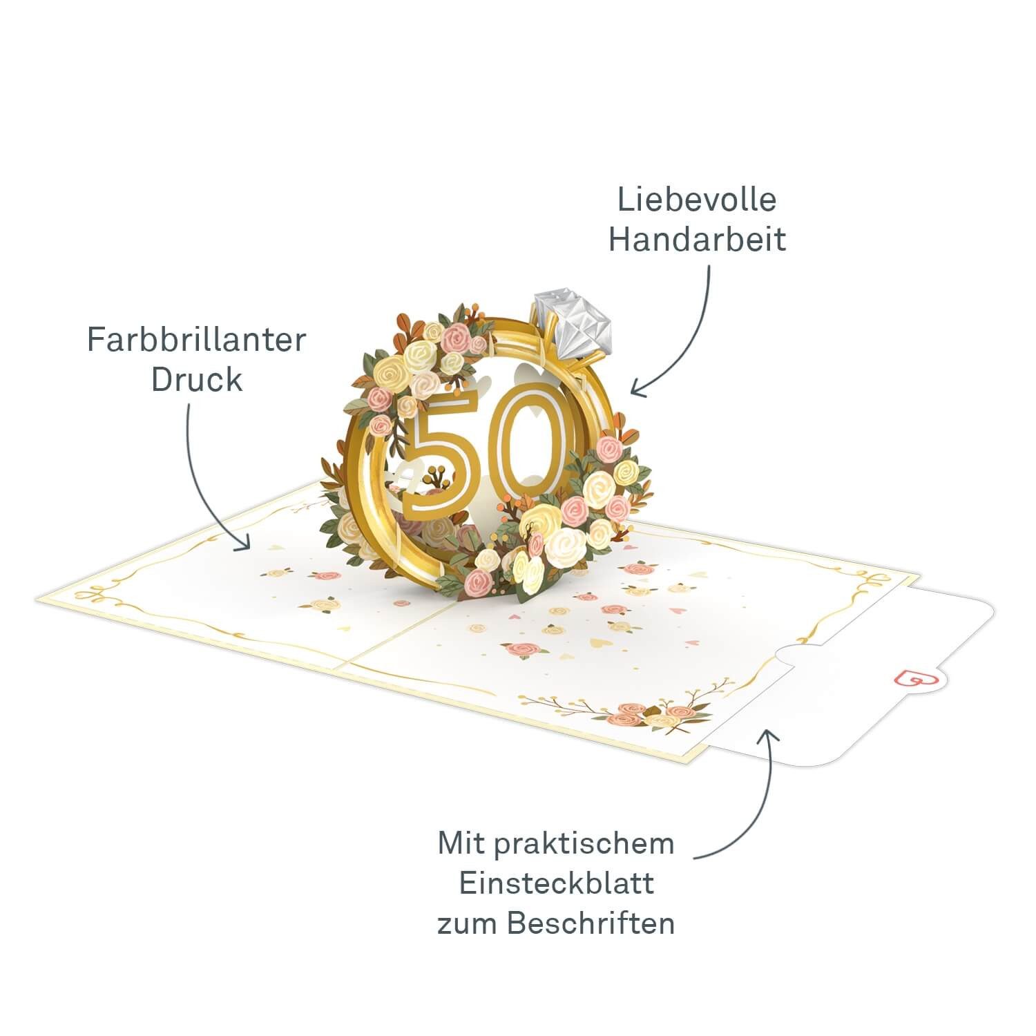 papercrush Glückwunschkarte Goldene Hochzeit Pop-Up Karte, Goldhochzeit, 50 Jahre Jubiläum, Handgemacht
