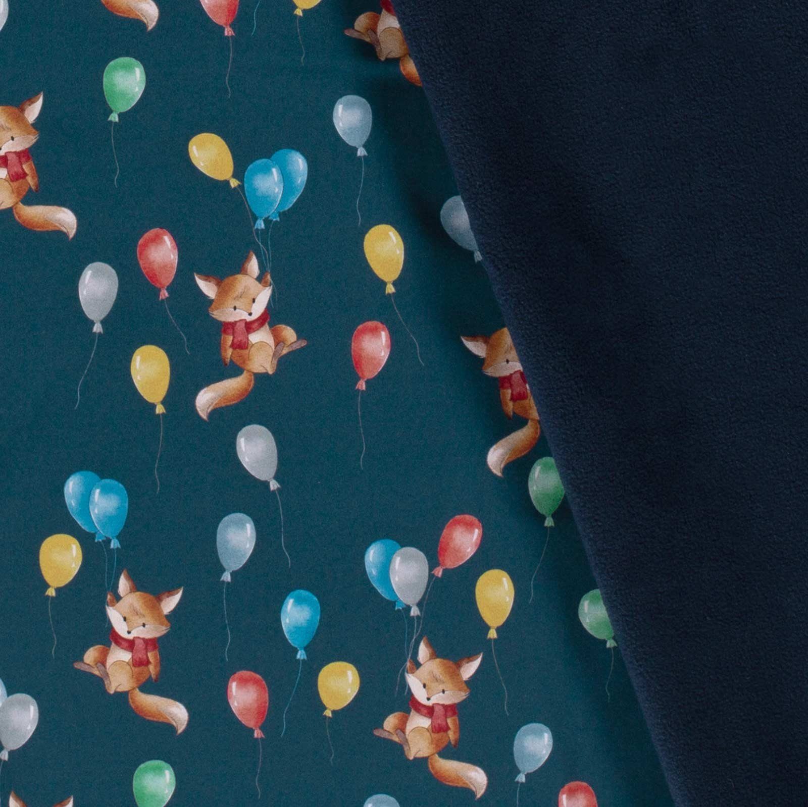 maDDma Stoff Softshell-Stoff mit Kindermotiven Outdoorstoff ab 0,5m Meterware, Fuchs mit Luftballons marineblau