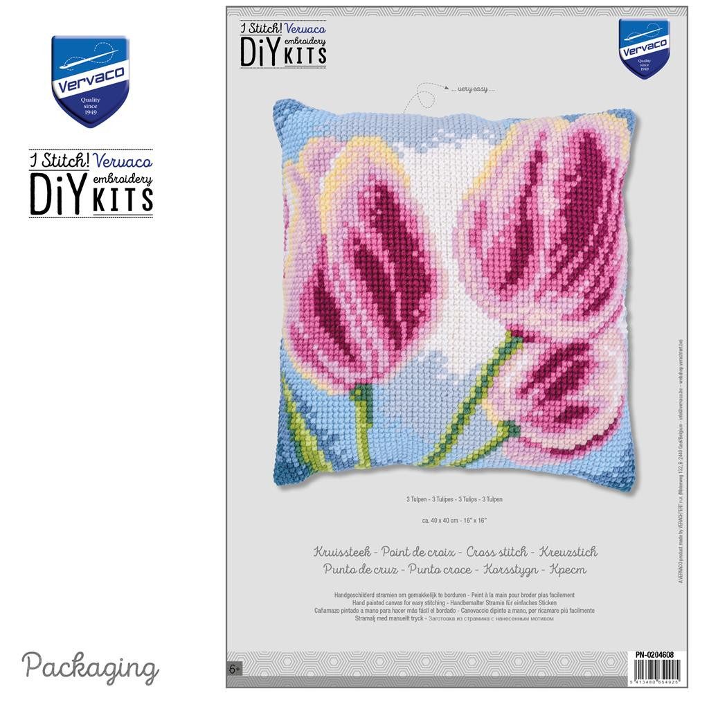 Vervaco Kreativset Kreuzstich-Kissen-Set 3 Tulpen - Stickbild vorgezeichnet, (Set, Vervaco embroidery Kit), Made in Europe
