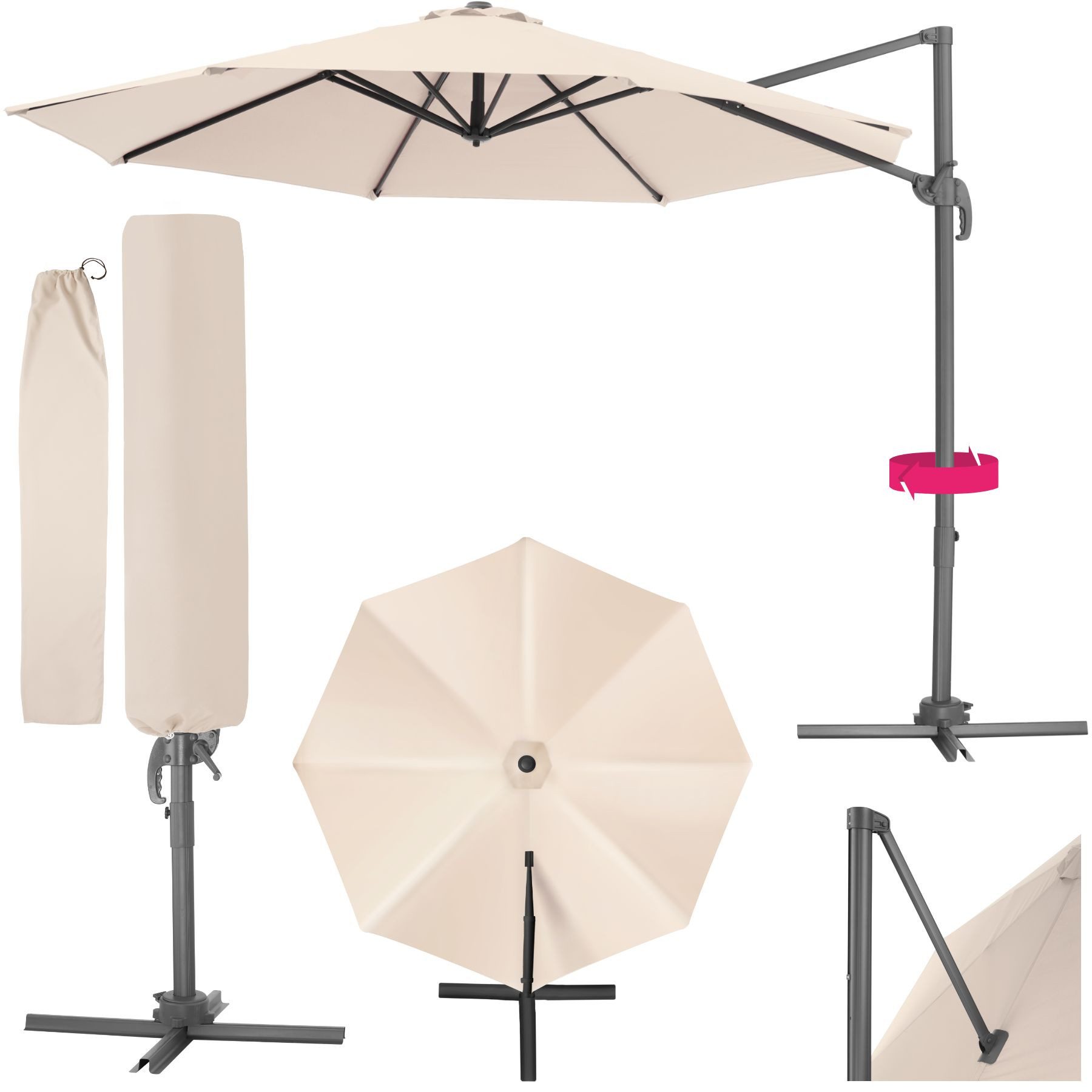 tectake Sonnenschirm Daria, Set mit Schutzhülle für Terrasse oder Garten, Parasol inkl. Schutzhülle in Schrimfarbe, 360° drehbar