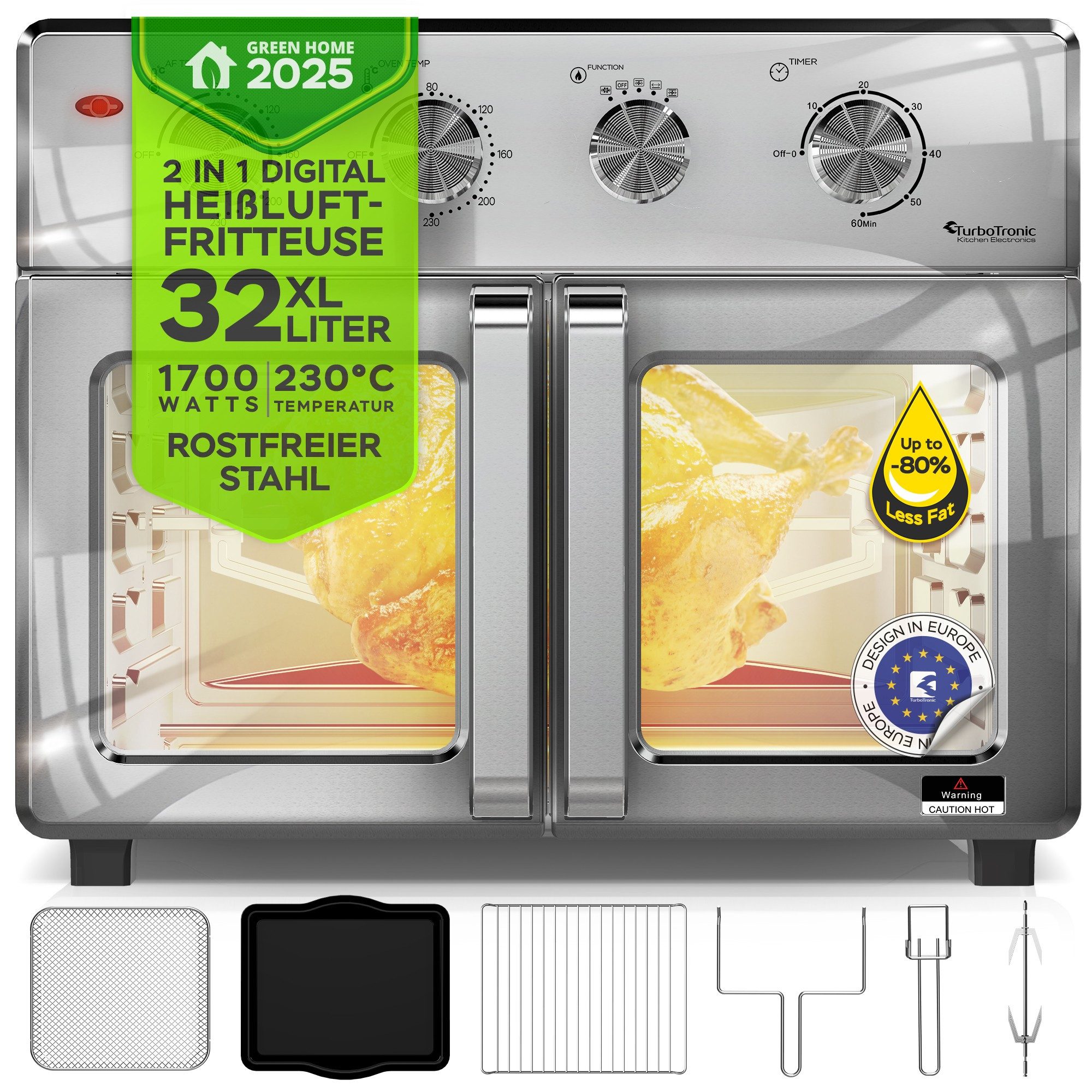 TurboTronic by Z-Line Minibackofen 4in1 Heißluftofen Heißluftfritteuse XXL Version 32L inkl. Drehspieß, & viel Zubehör Backblech, Dörrgerät ab 25°C & Grill, Airfryer silber