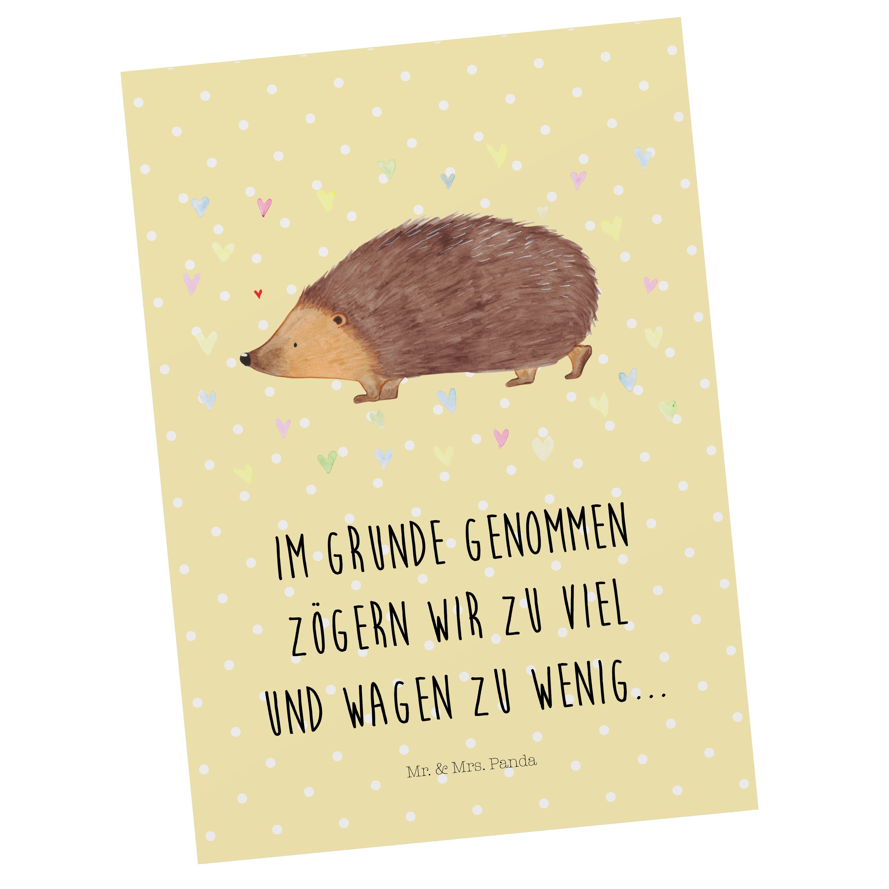 Mr. & Mrs. Panda Postkarte Igel Herzen - Gelb Pastell - Geschenk, Tiere, Kuss, Ansichtskarte, lu