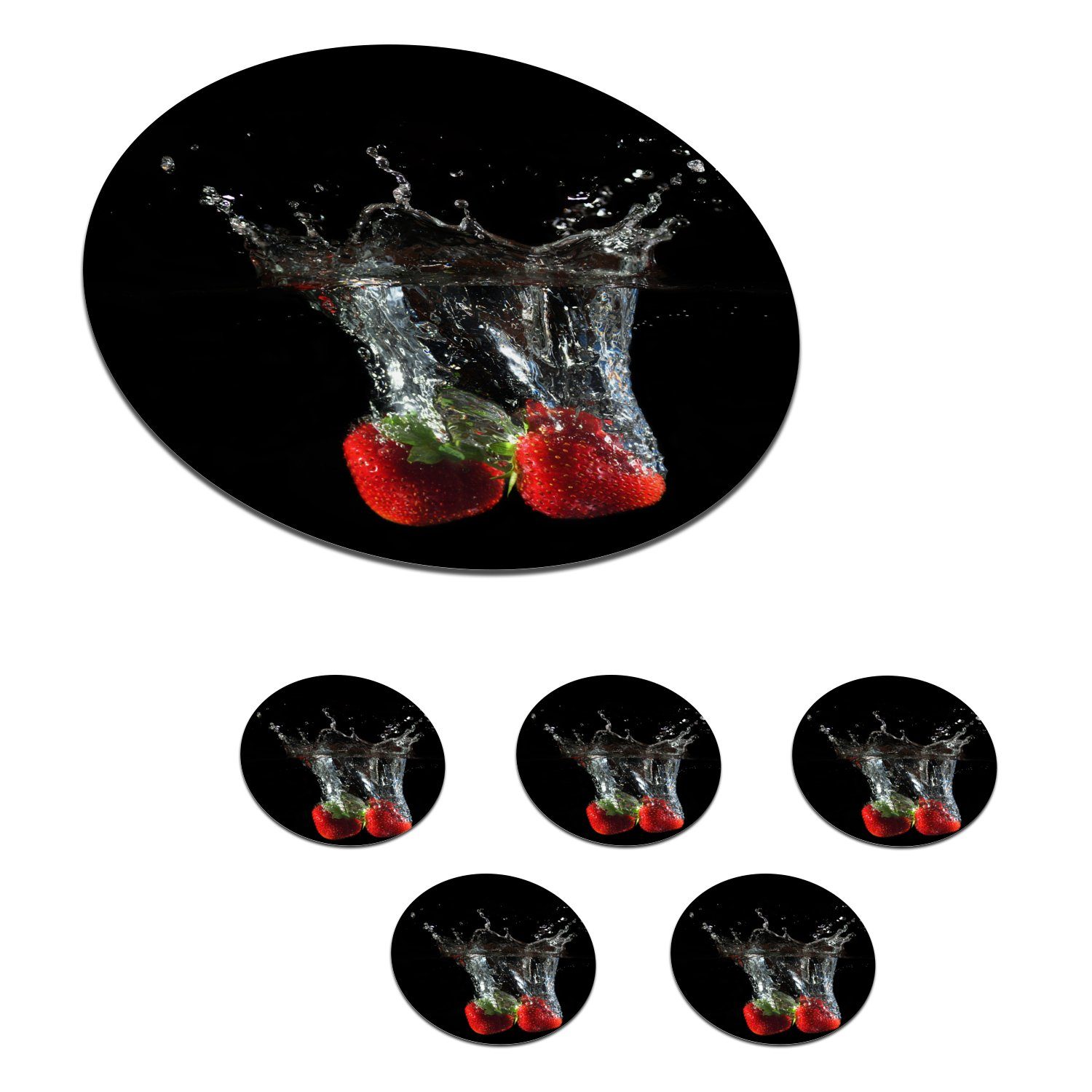 MuchoWow Glasuntersetzer Erdbeeren Wasser Obst Rot, Tasse, Zubehör für - Becher 6-tlg., - Gläser, - Getränkeuntersetzer, - Korkuntersetzer, Tassenuntersetzer, Schwarz