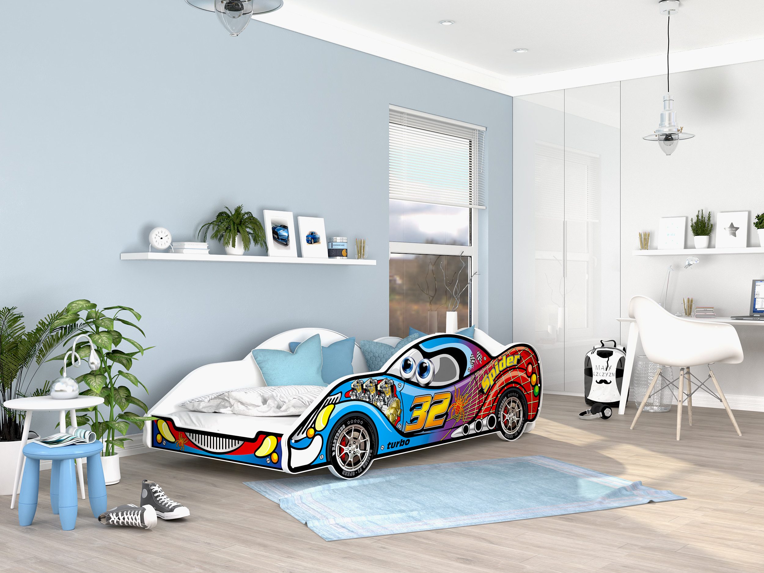AJKmeble Autobett Kinderbett Jugendbett 90x180cm Gamerbett Optional mit Matratze (MADE IN EU - für Jungen und Mädchen, Rennwagen, 180x90cm, beklebtes Spielbett für Ihr Kinderzimmer), RIESEN FARBAUSWAHL