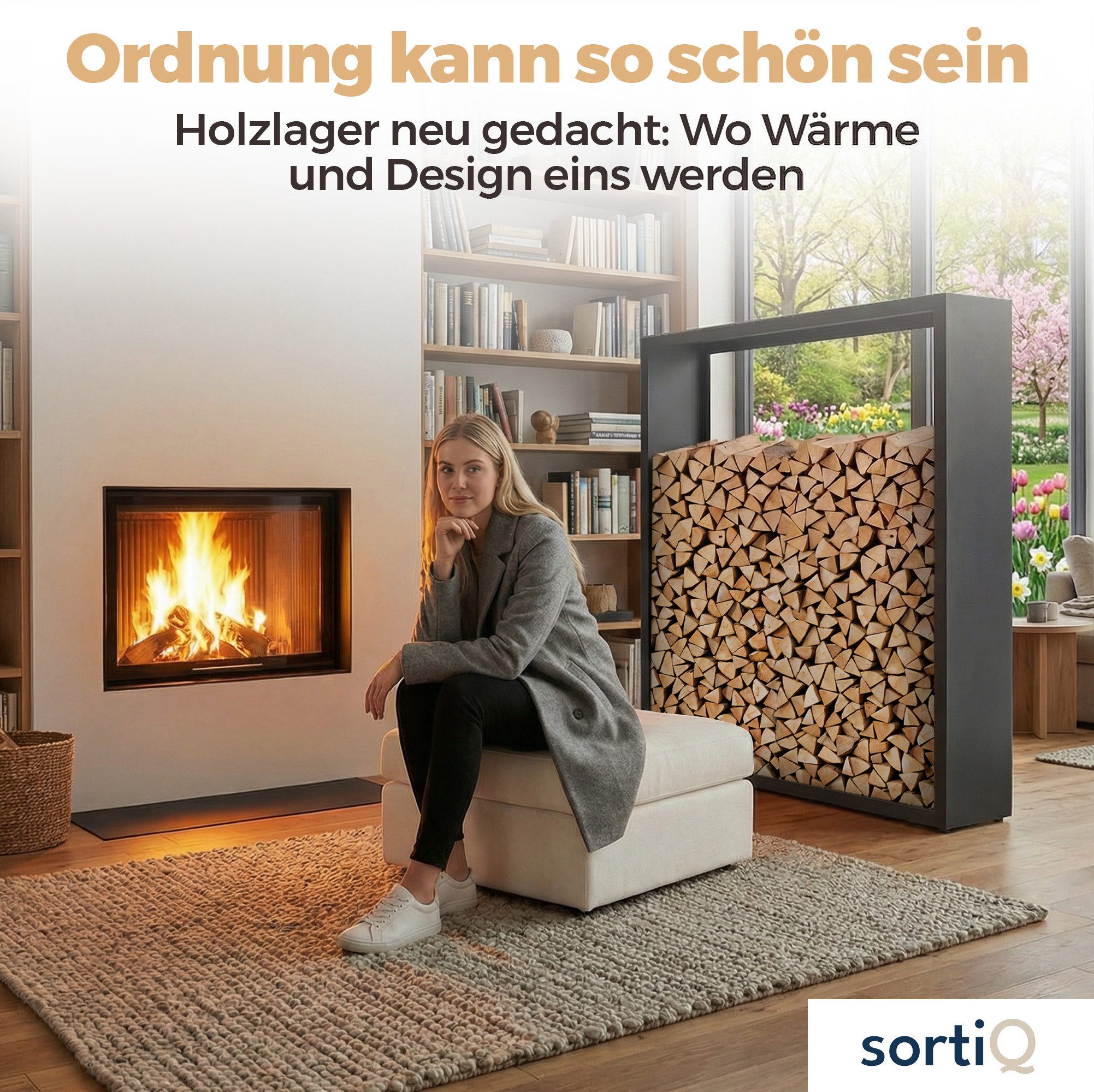 sortiQ Kaminholzregal für außen & innen - moderne Brennholz-Stapelhilfe, Farbe: DB703, (für stabile Holzaufbewahrung Holzlager mit Stellfüßen), BxTxH: 90x40x145 cm