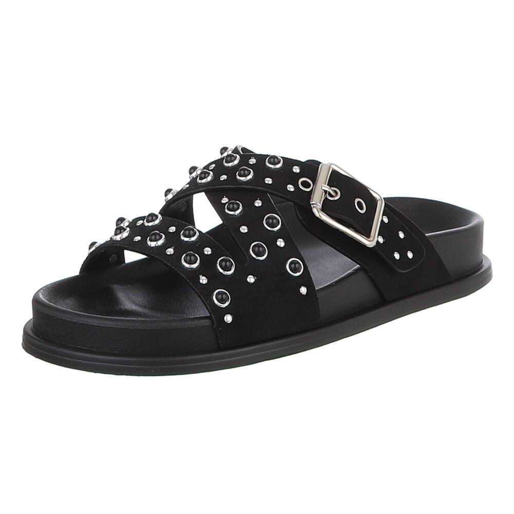 Ital-Design Damen Sandale mit Nieten und Schnallenverschluss Pantolette (91848977) Flach Pantoletten in Schwarz