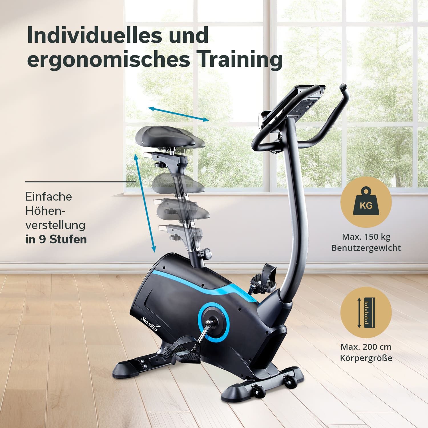 Skandika Ergometer Cardio Bike Atlantis Heimtrainer mit App Steuerung, Bluetooth, 10kg Schwungmasse, Pulsmessung, 32 Stufen, geräuscharm Transportrollen