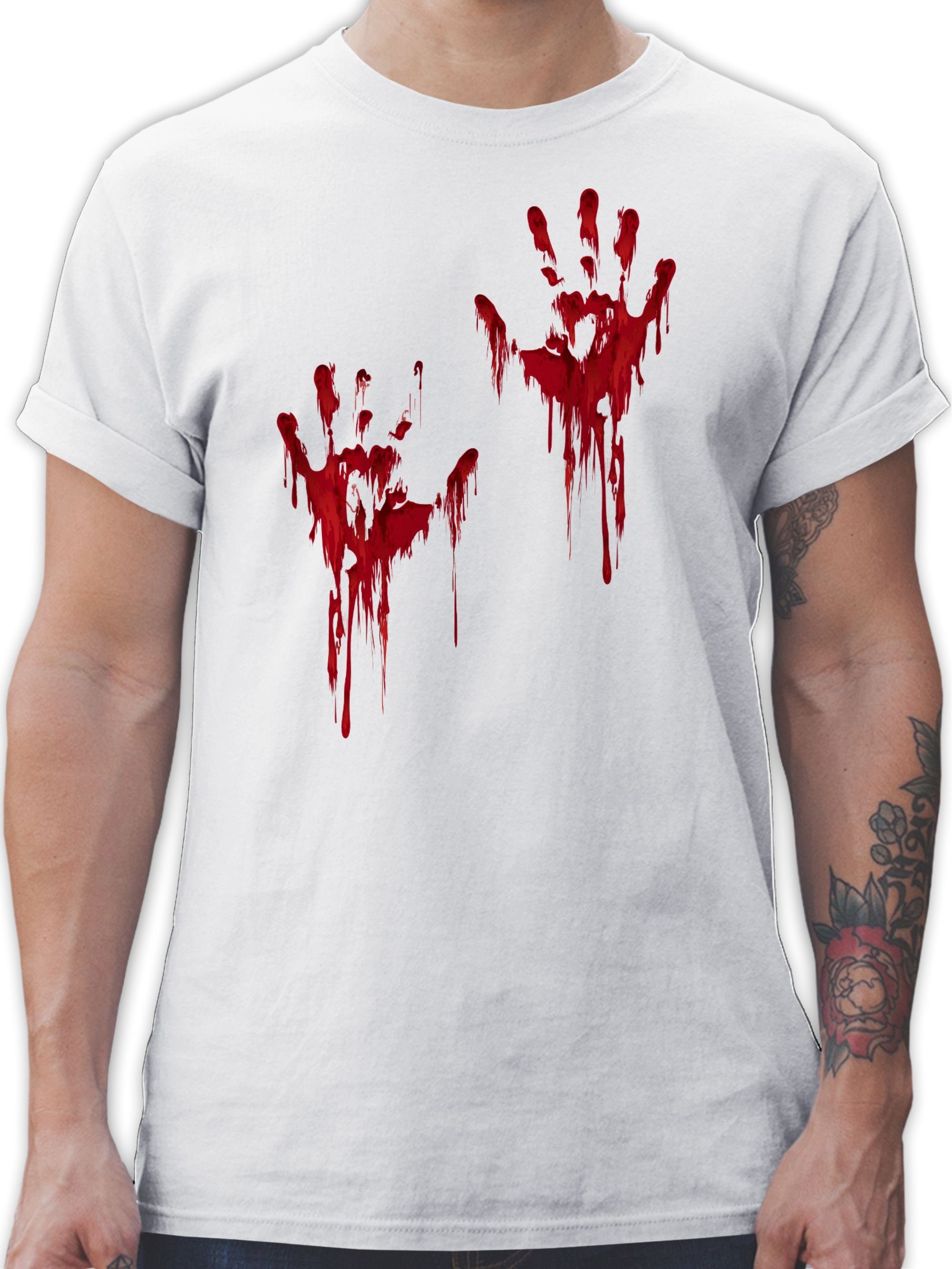 Shirtracer T-Shirt Blutige Hände Blut Handabdruck Blutverschmiert Blutiges Blutspritzer H Halloween Kostüme Herren 02 Weiß